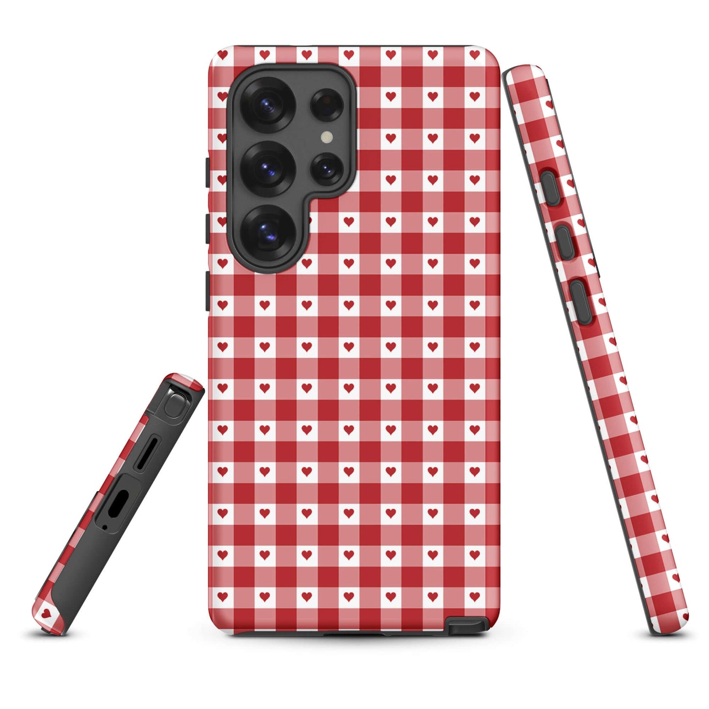 Phone Case for Samsung Galaxy with red and white gingham heart pattern design, showcasing style and durability.