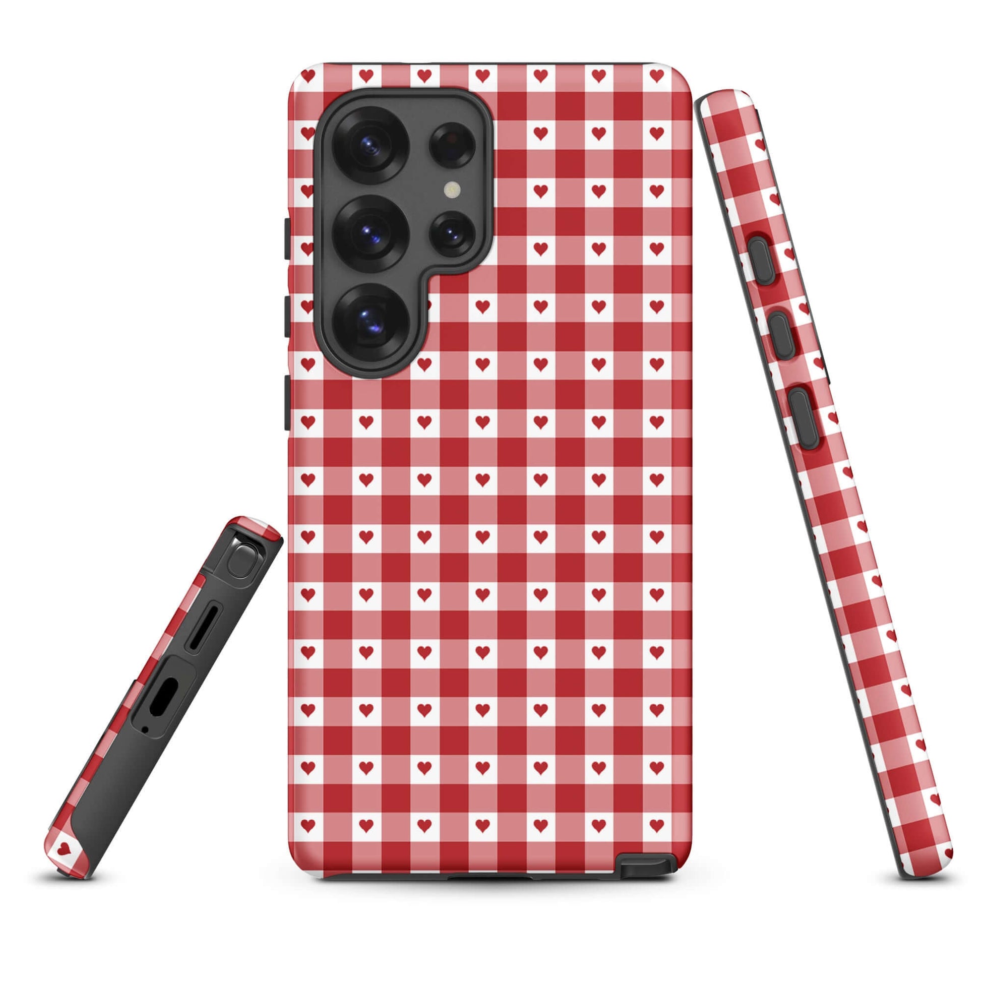 Phone Case for Samsung Galaxy with red and white gingham heart pattern design, showcasing style and durability.