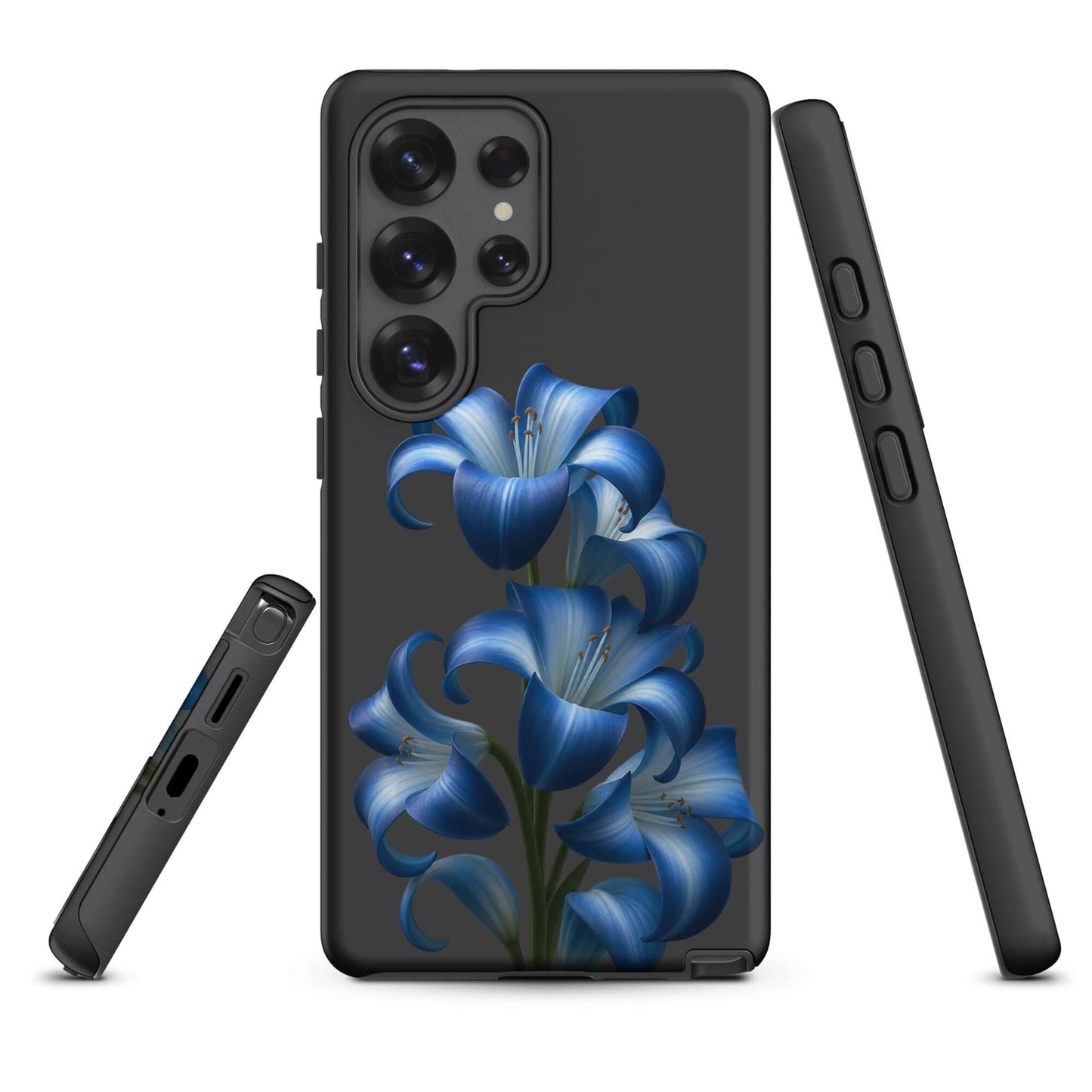 Phone Case for Samsung Galaxy with Blue Lily Bloom Art, showcasing vibrant blue lilies on a sleek dark backdrop for style and protection.