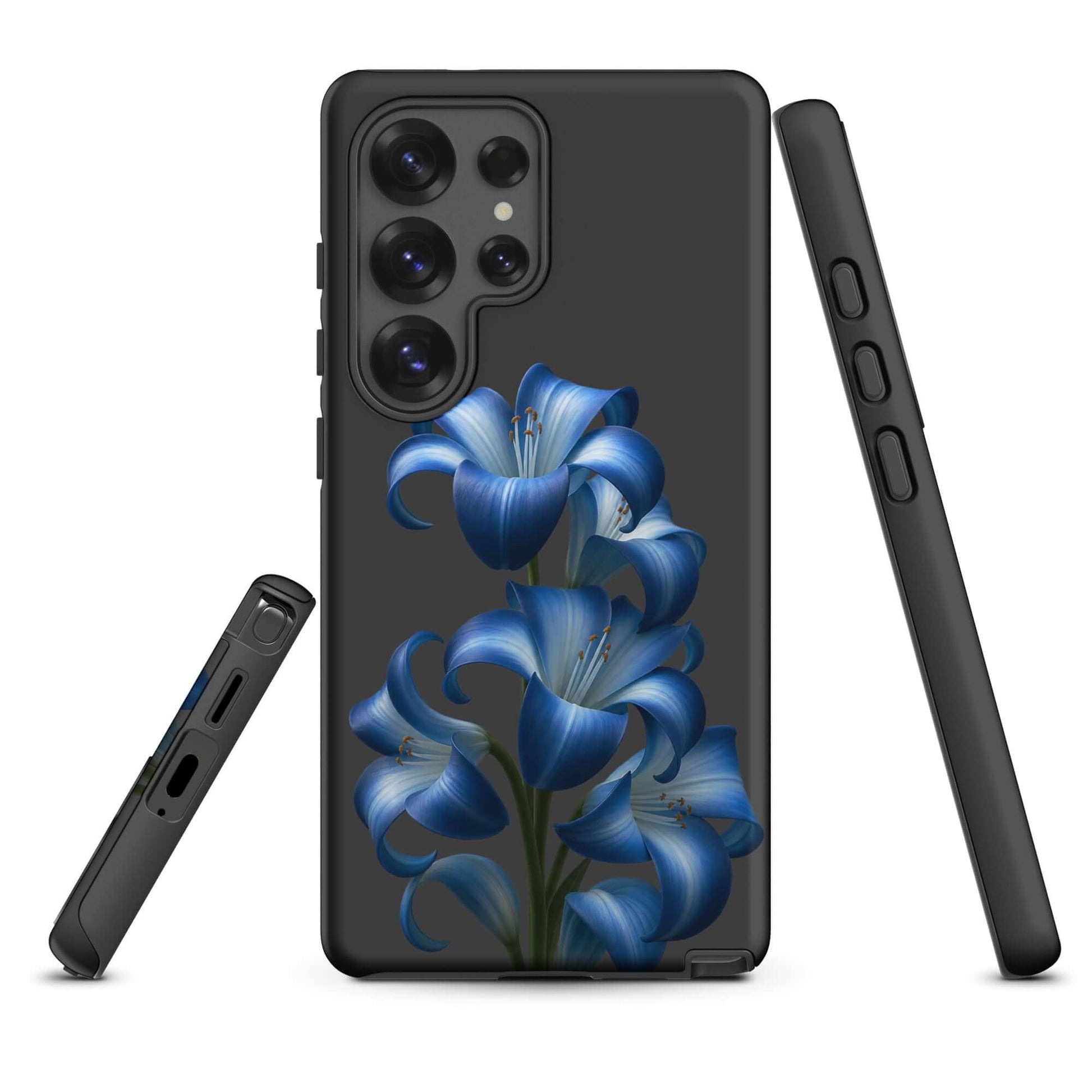 Phone Case for Samsung Galaxy with Blue Lily Bloom Art, showcasing vibrant blue lilies on a sleek dark backdrop for style and protection.
