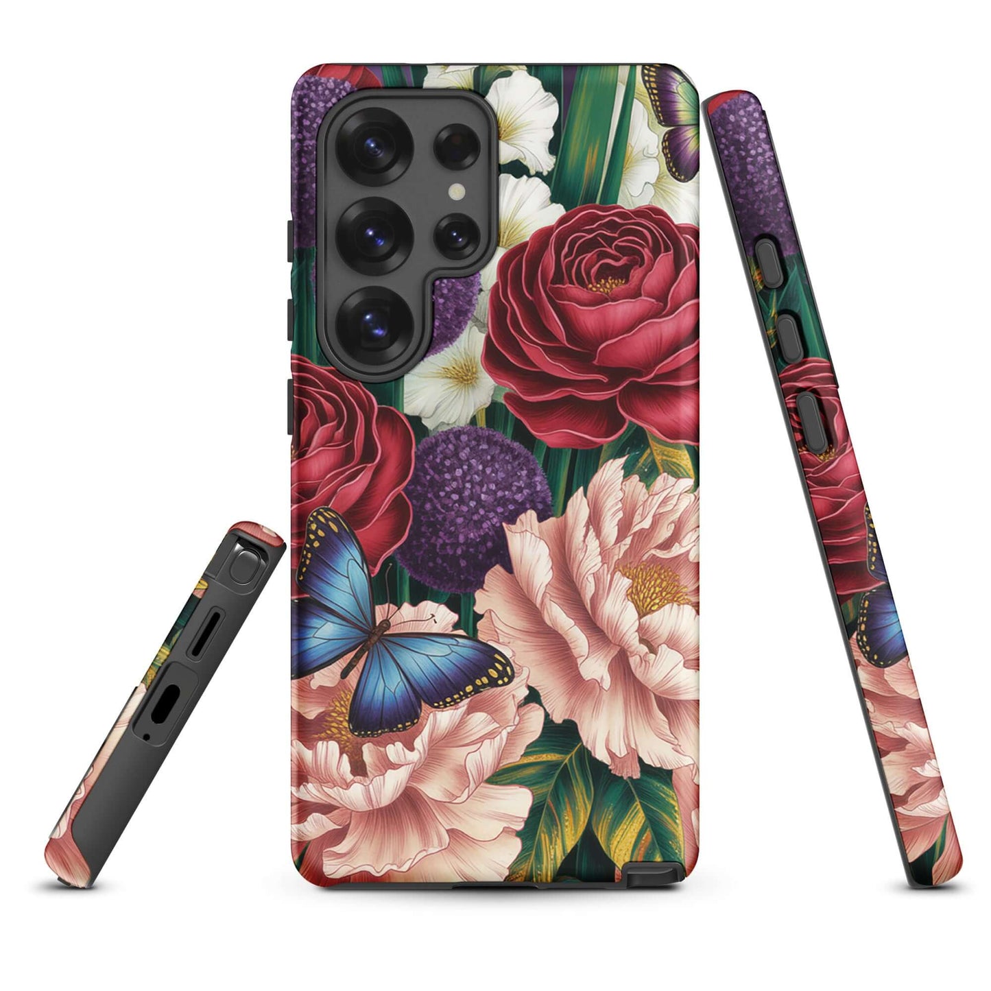 Phone Case for Samsung Galaxy with botanical floral design featuring roses, peonies, blue butterflies, and purple alliums.