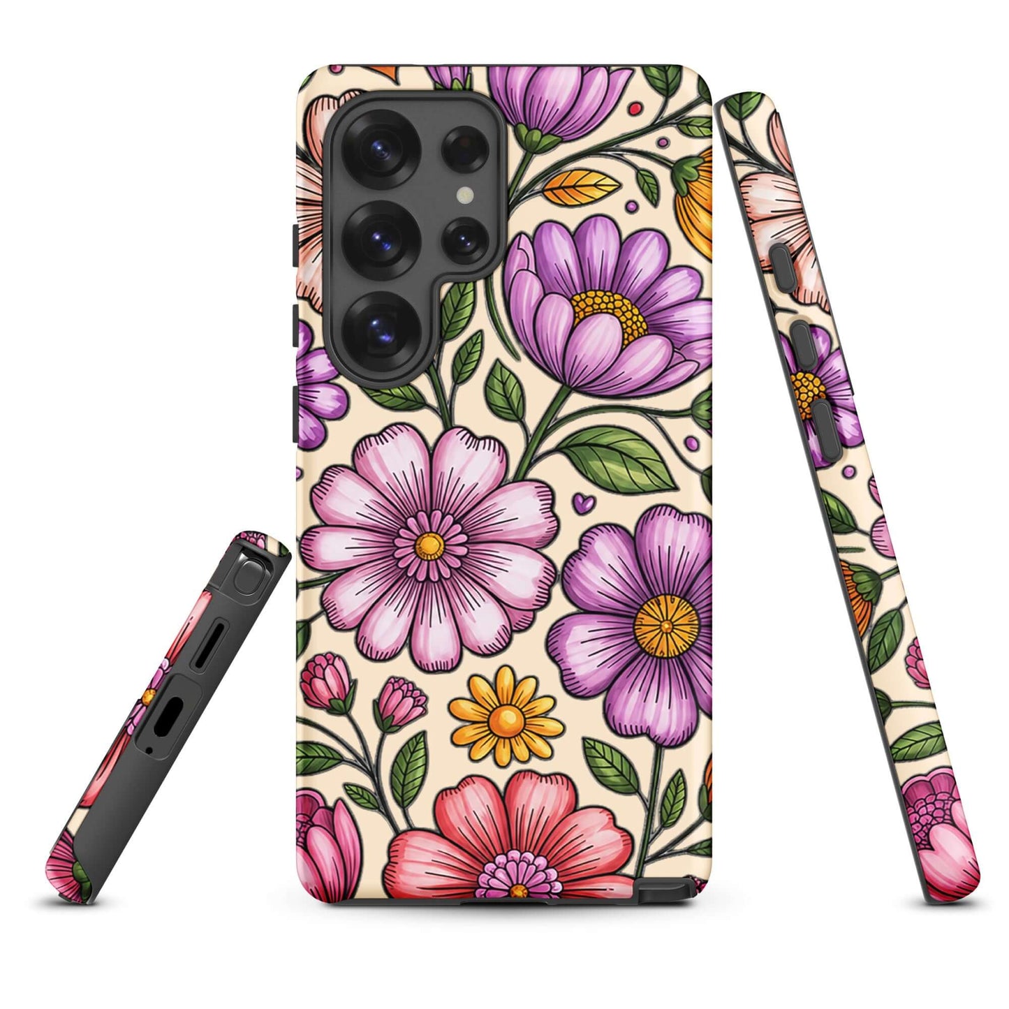 Phone Case for Samsung Galaxy with pastel floral design, featuring pink, peach, lavender, and yellow flowers on durable protective cover.