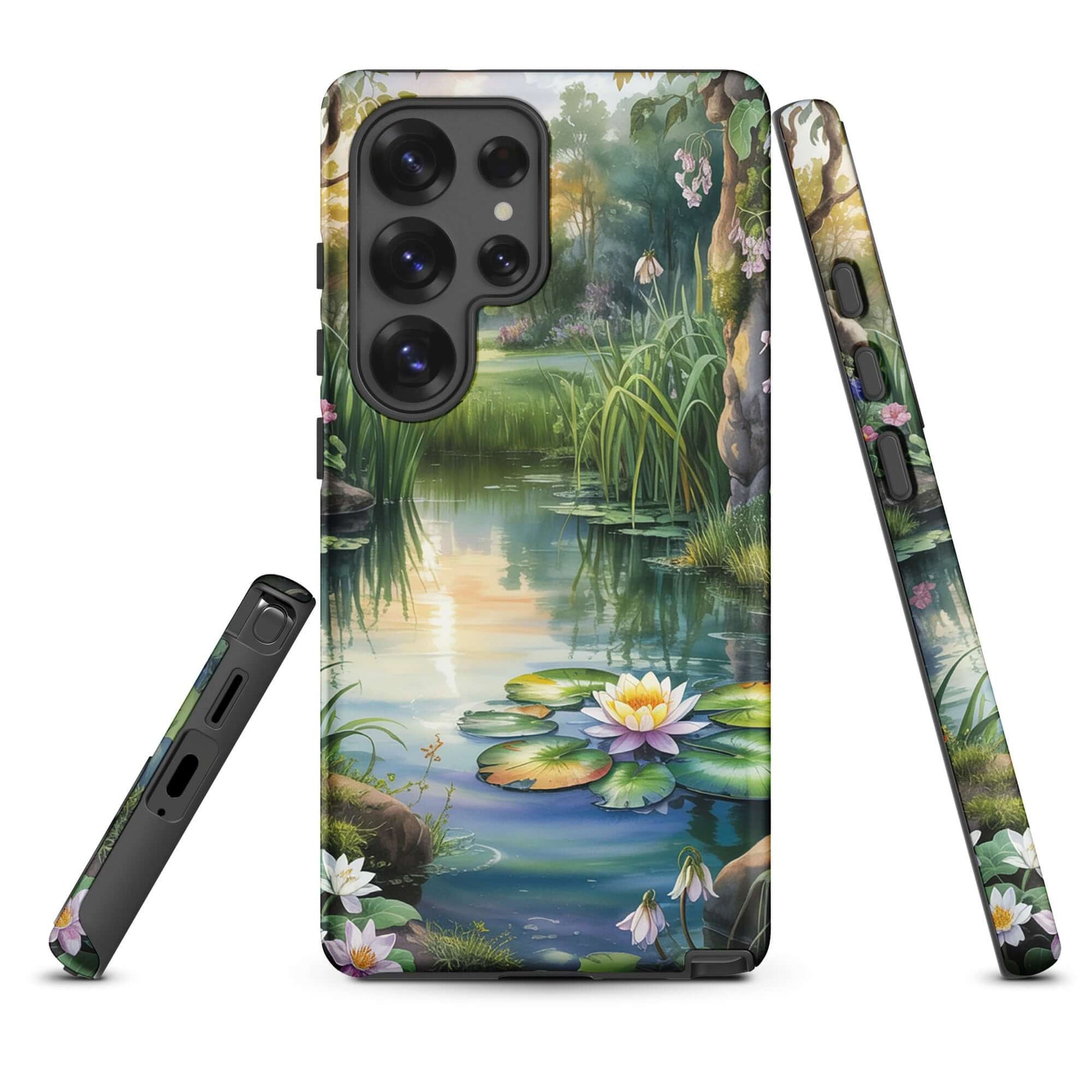 Phone Case for Samsung Galaxy featuring enchanted pond design with lilies and greenery.