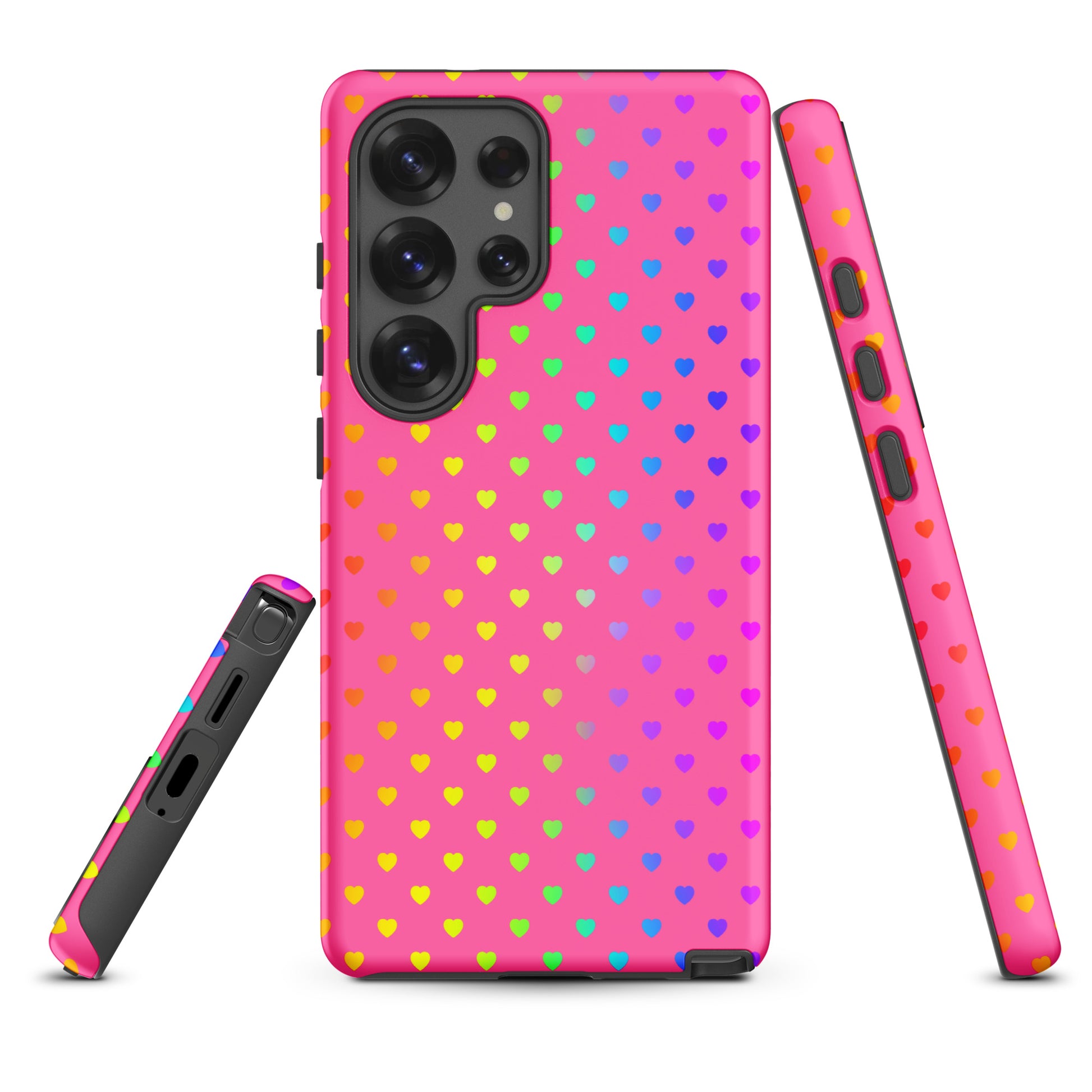 Phone case for Samsung Galaxy with cute rainbow hearts on a pink background, featuring dual-layer protection and playful design.