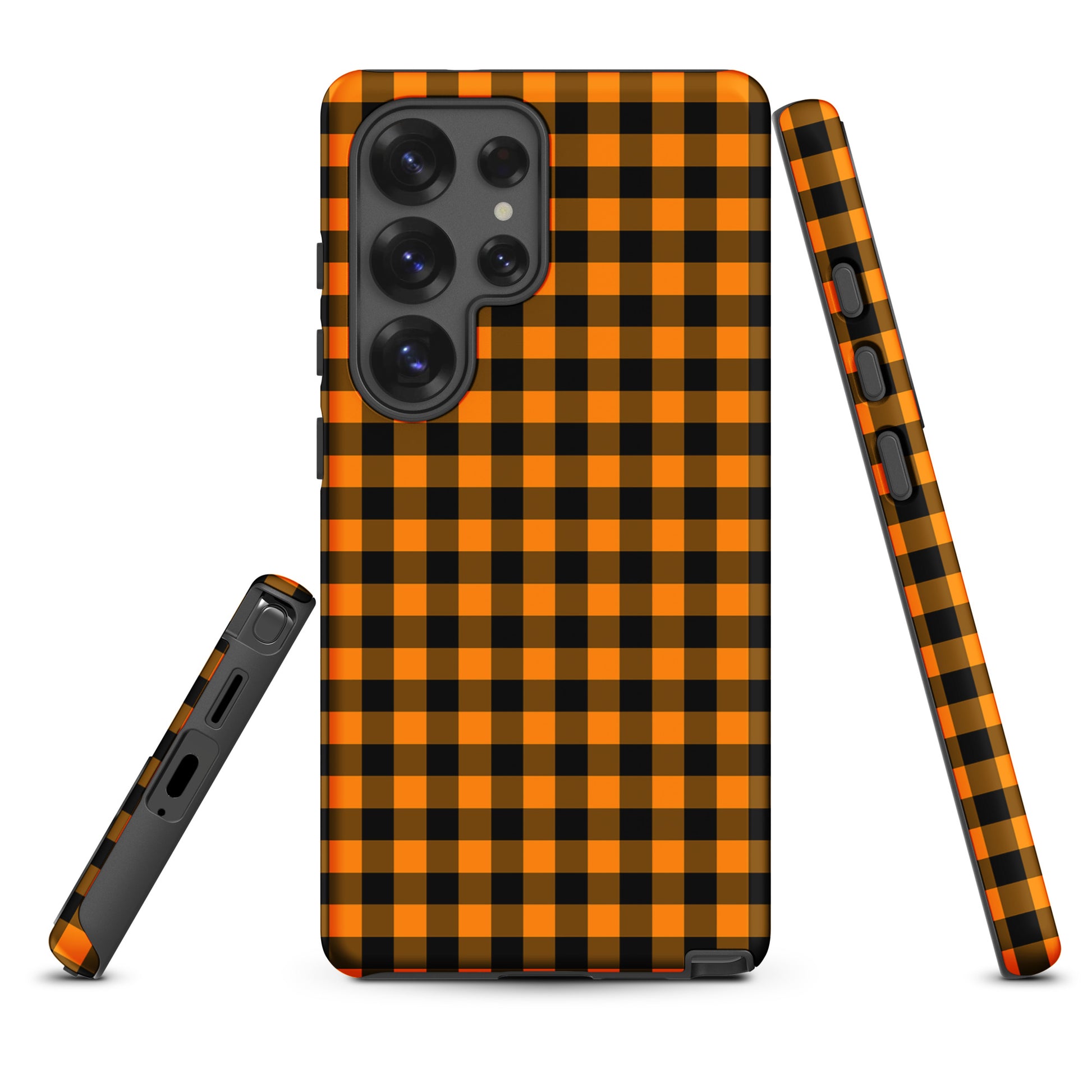 Black-and-orange gingham phone case for Samsung Galaxy, Autumn theme.