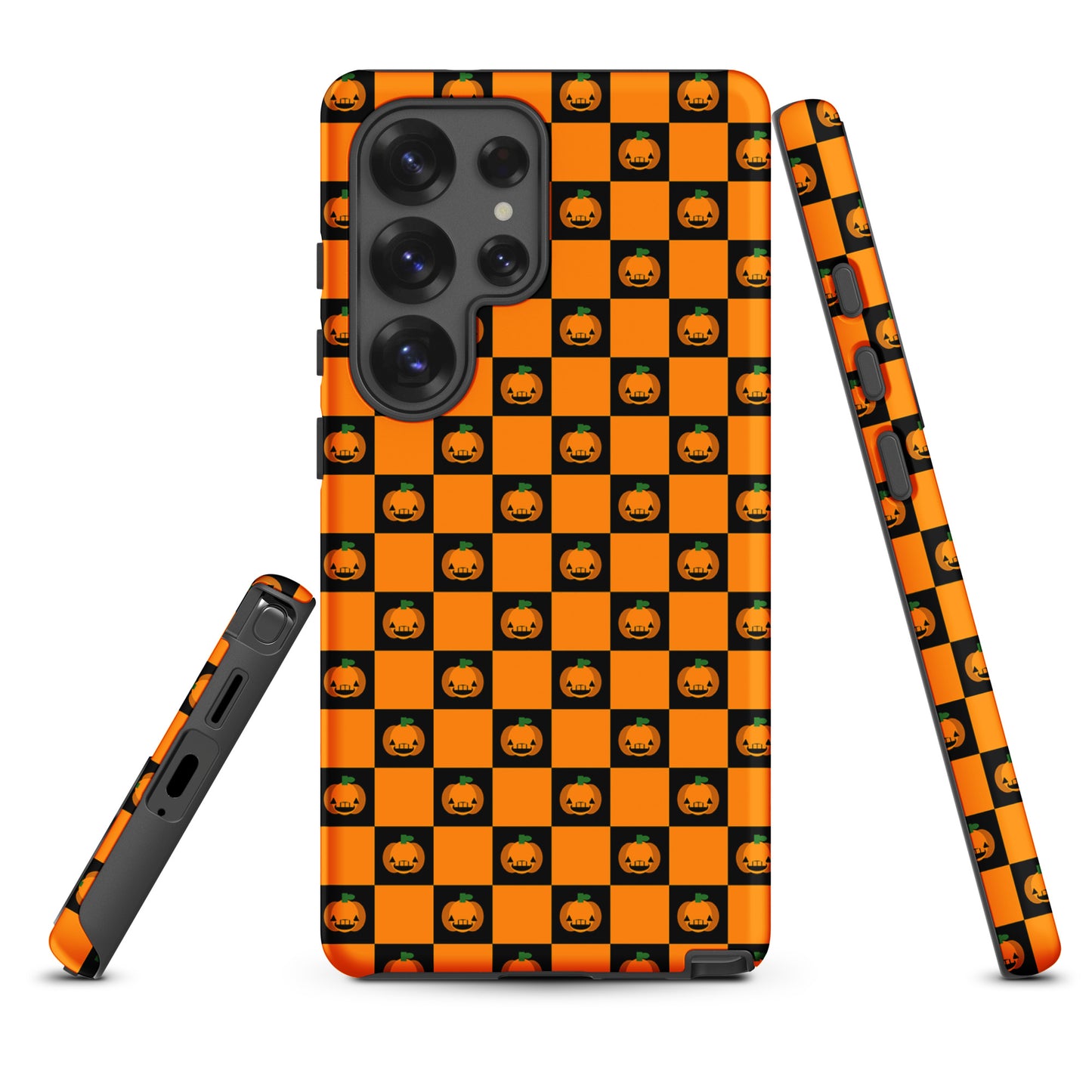 Phone Case for Samsung Galaxy with pumpkin checkered Halloween design featuring jack-o'-lanterns on orange and black squares.