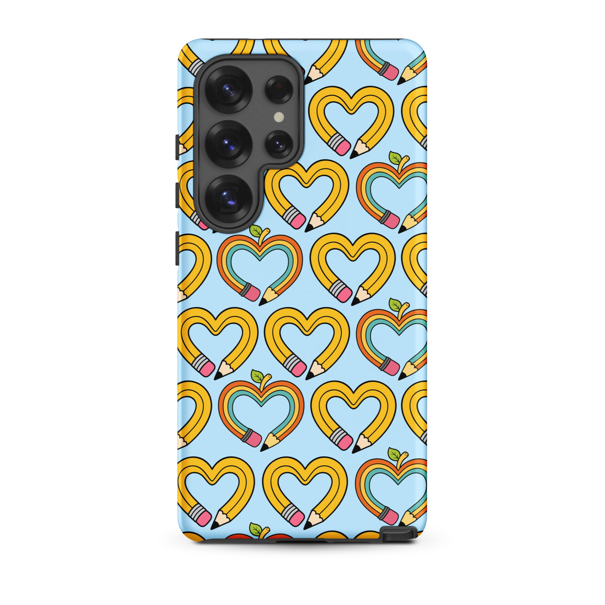 Phone Case for Samsung Galaxy with playful pencil-heart pattern and green leaves on blue background, celebrating creativity and growth.