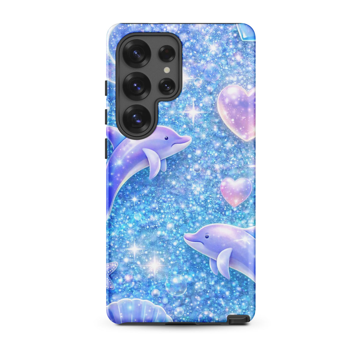 Phone Case for Samsung Galaxy with ocean glitter dolphins design, featuring shimmering liquid glitter and playful celestial accents.