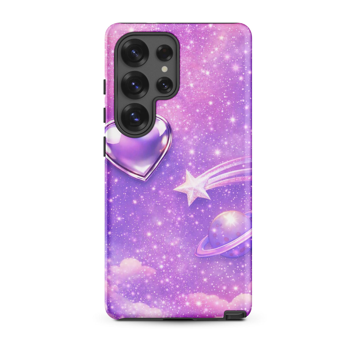 Phone Case for Samsung Galaxy with cosmic heart and shooting star design in a celestial scene with pastel clouds.