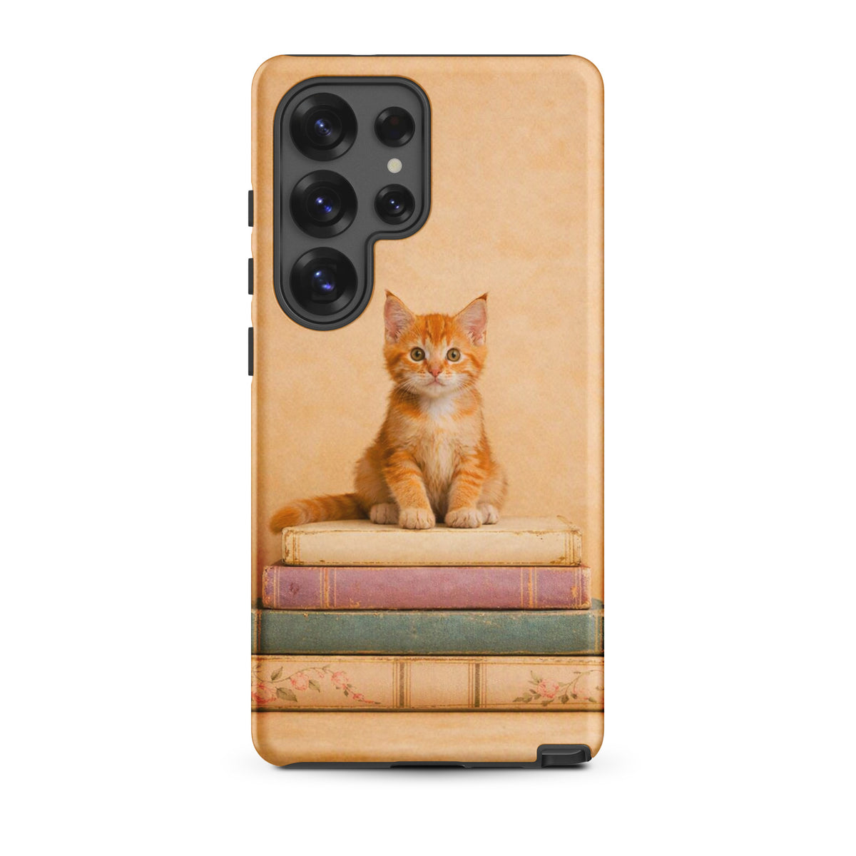 Phone Case for Samsung Galaxy with cozy kitten on vintage books design, featuring an orange tabby cat, perfect for cat and book lovers.
