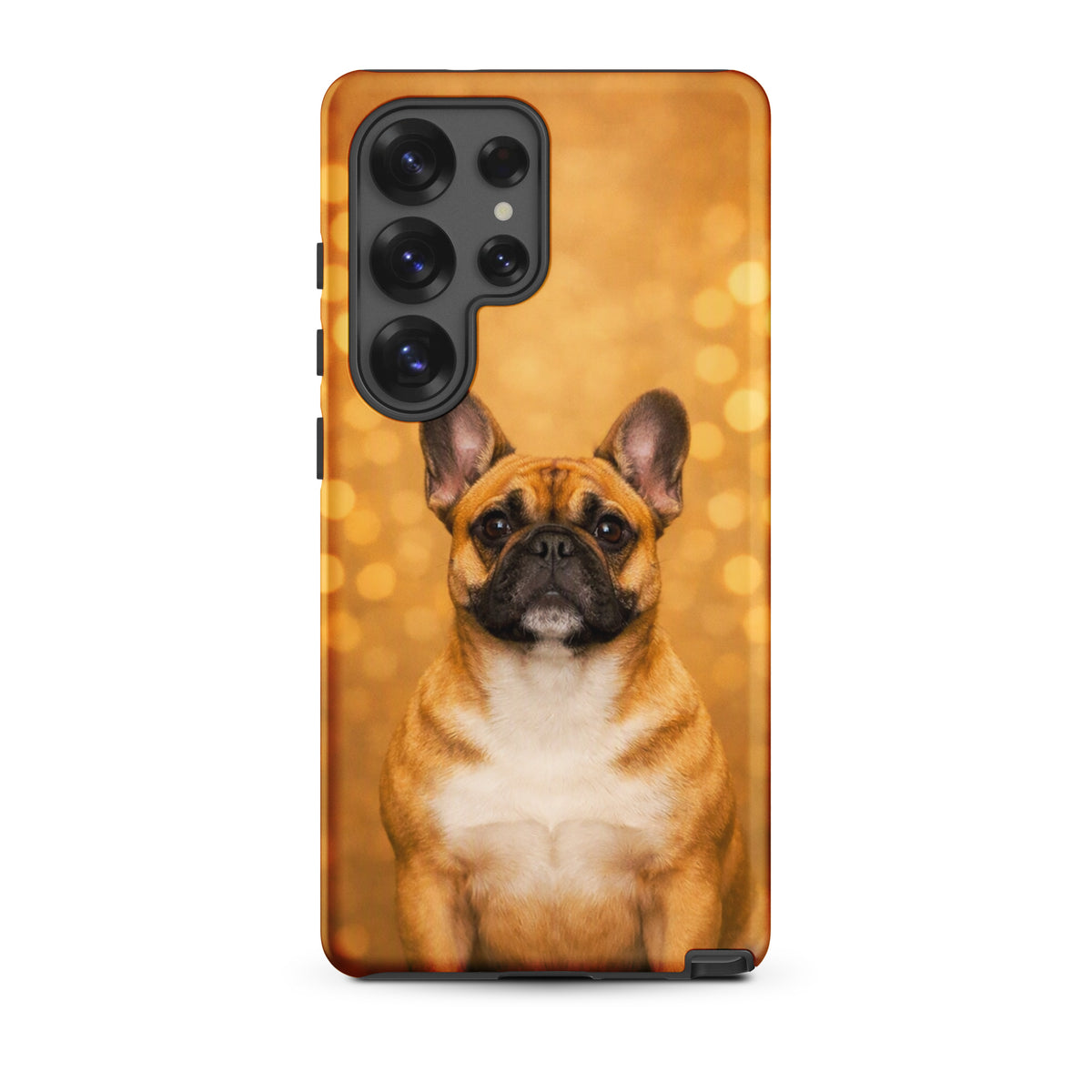 Phone Case for Samsung Galaxy with French Bulldog against golden bokeh background, capturing playful sophistication and charm.