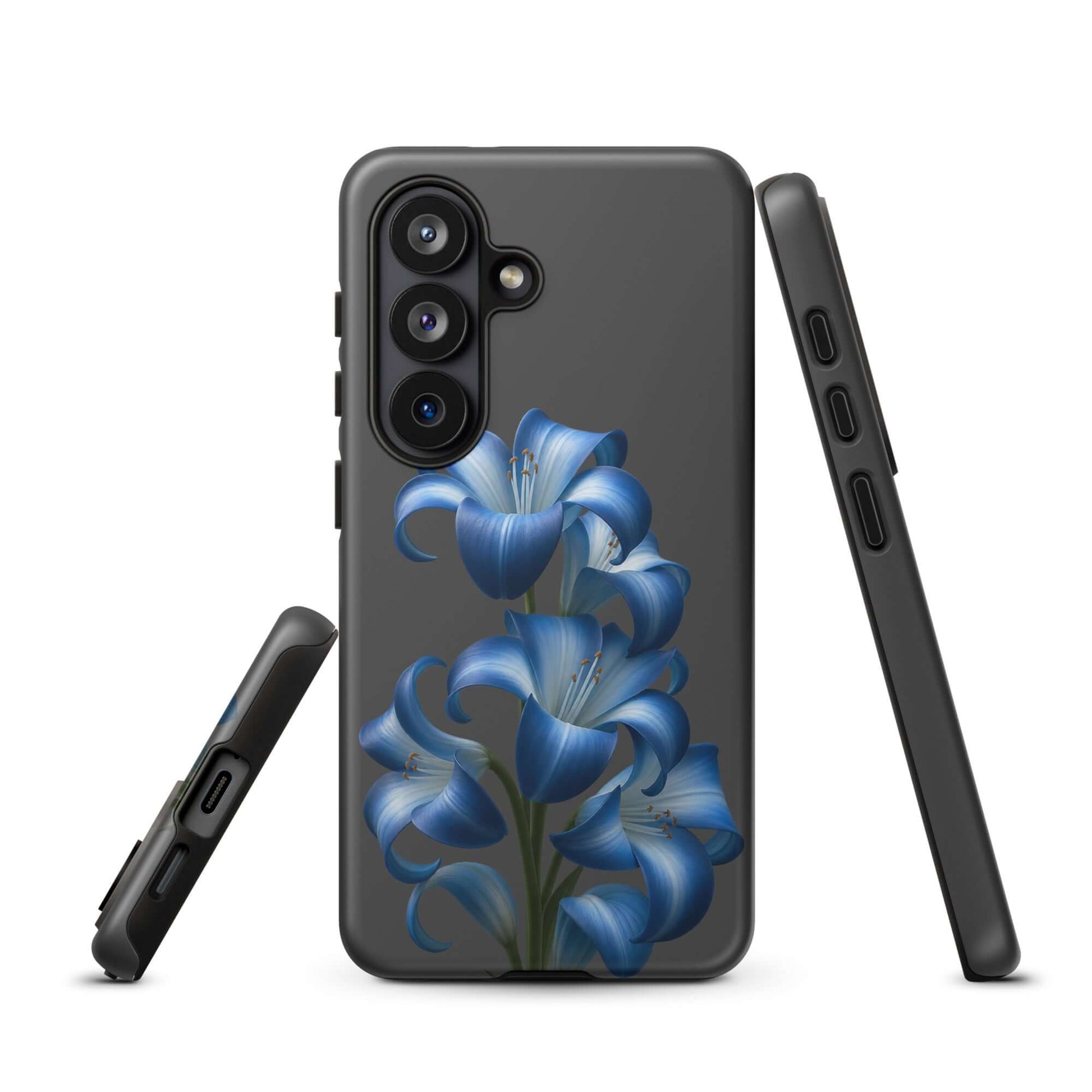 Phone Case for Samsung Galaxy with blue lily bloom art on black background