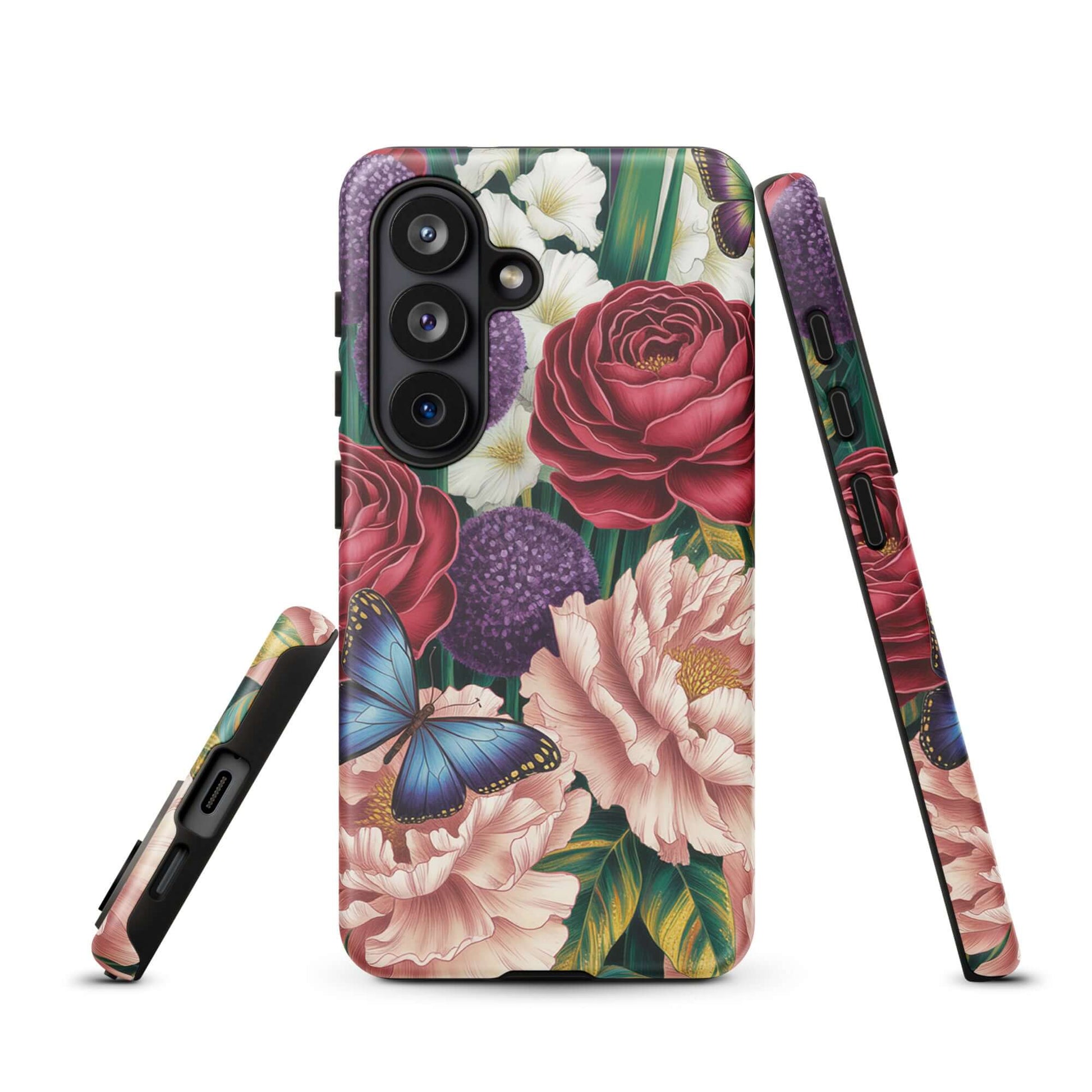 Phone Case for Samsung Galaxy with botanical design featuring crimson roses, pink peonies, purple alliums, and butterflies.