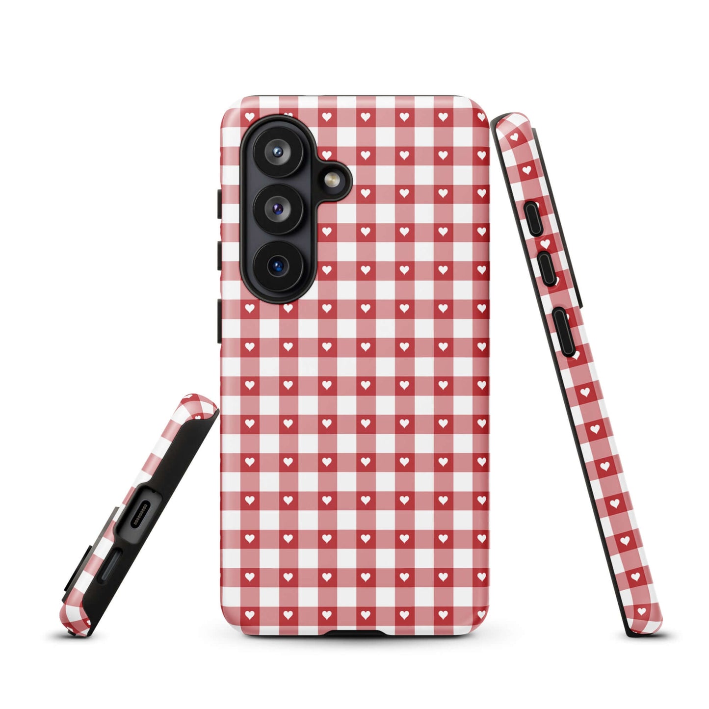 Phone Case for Samsung Galaxy with red-and-white gingham pattern and white hearts, offering style and protection.
