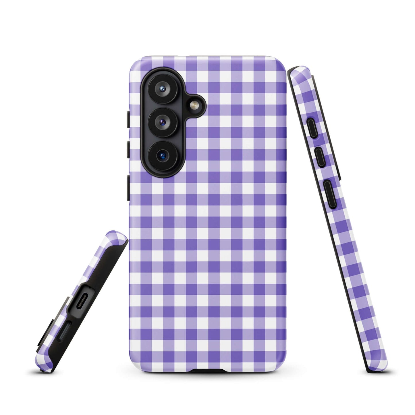 Phone case for Samsung Galaxy with purple gingham pattern, offering style and protection.