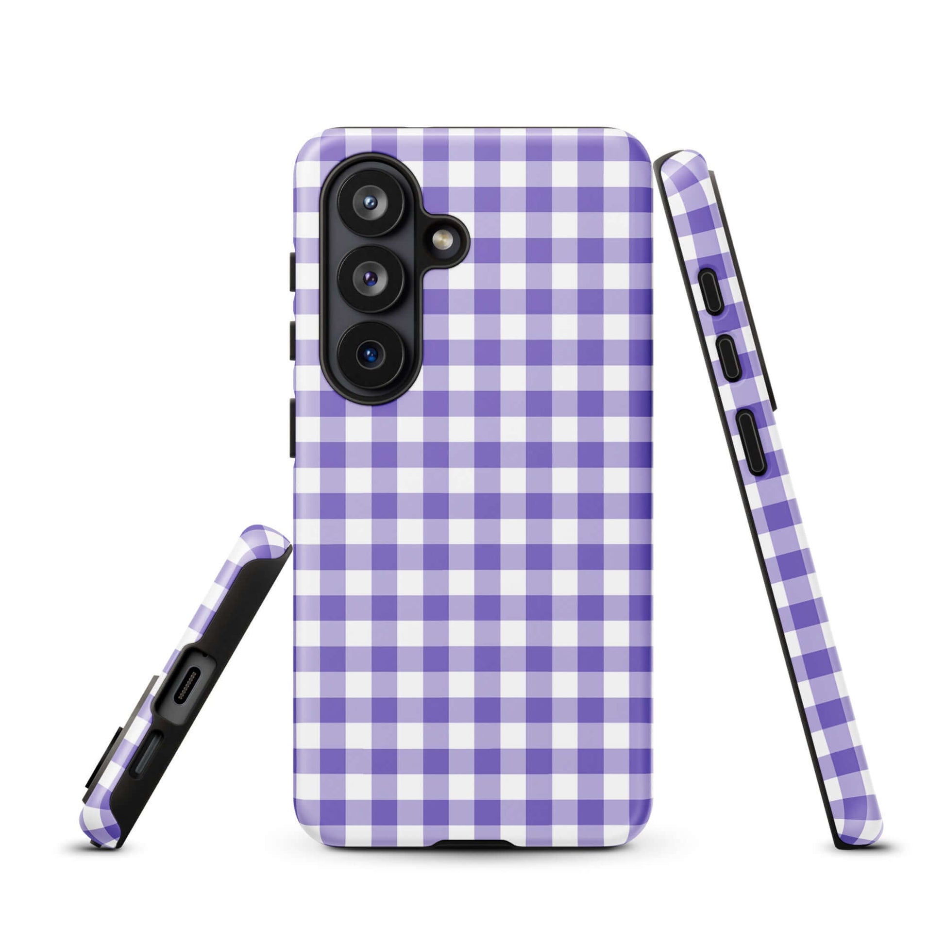Phone case for Samsung Galaxy with purple gingham pattern, offering style and protection.