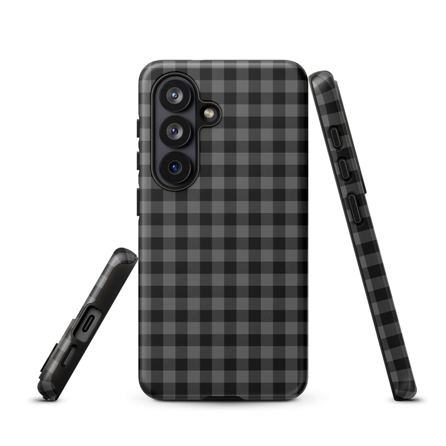 Phone Case with black-and-charcoal gingham pattern for Samsung Galaxy, offering style and protection.
