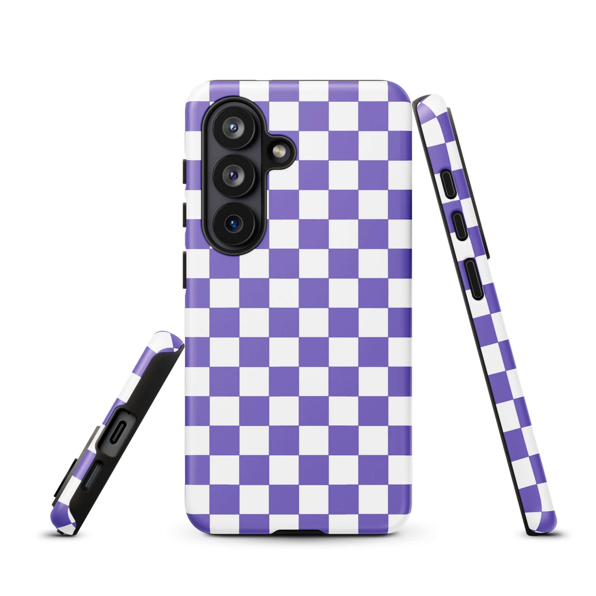 Purple & white checkered Phone Case for Samsung Galaxy showcasing stylish design.