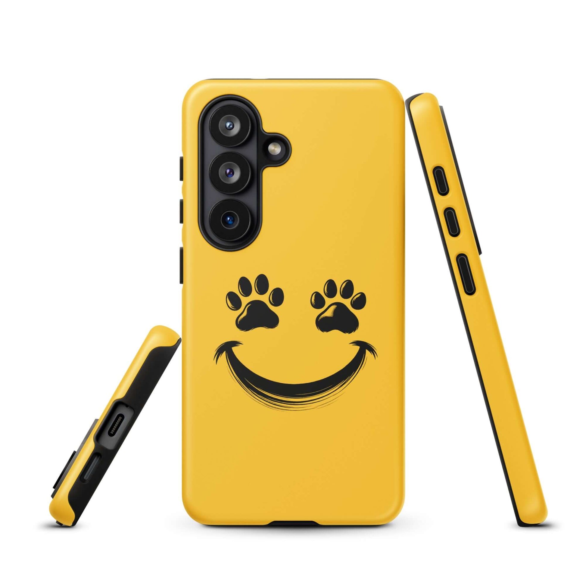 Yellow Phone Case for Samsung Galaxy with smiley face and paw prints for pet lovers