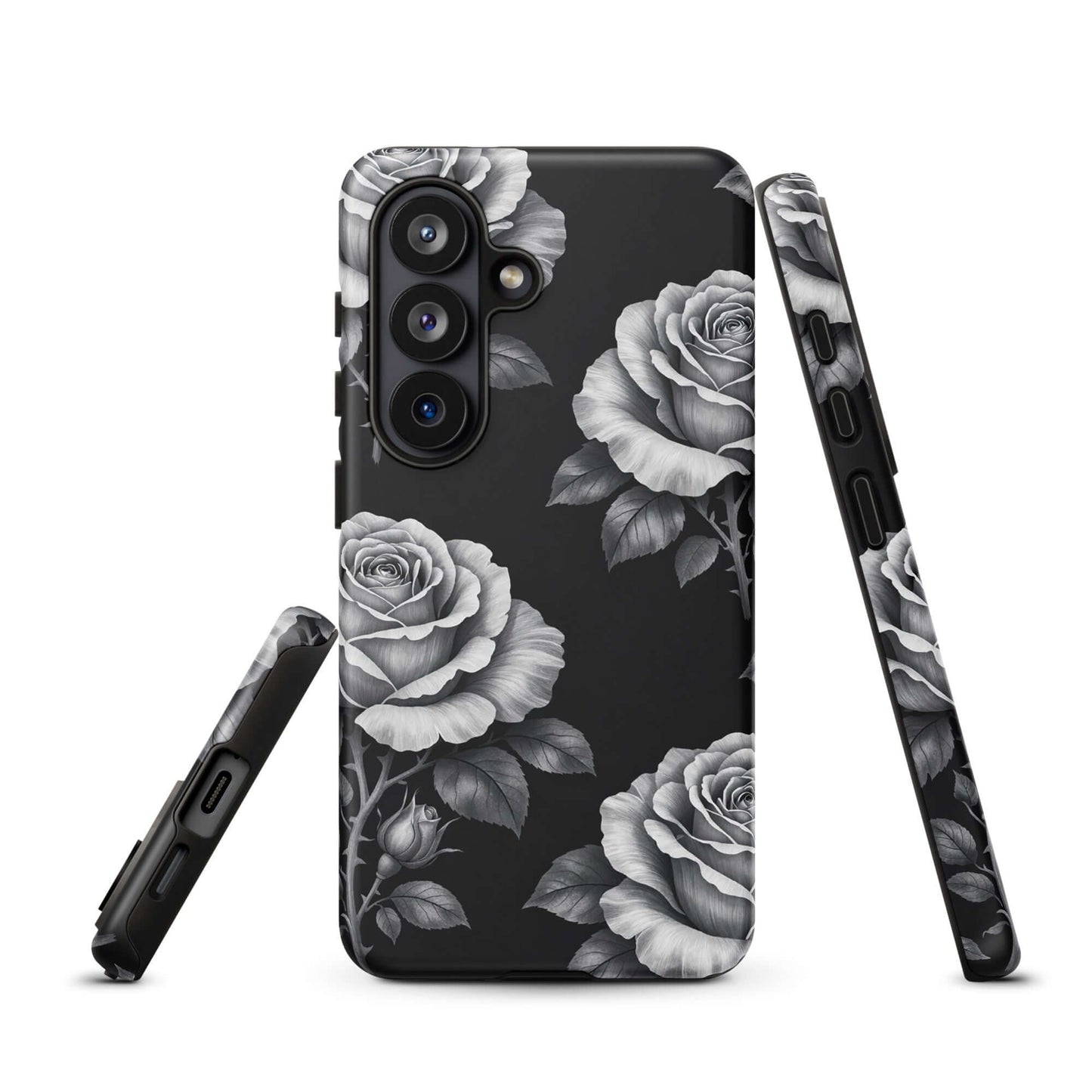 Phone Case for Samsung Galaxy with rose garden design on black background, featuring hand-sketched floral pattern.