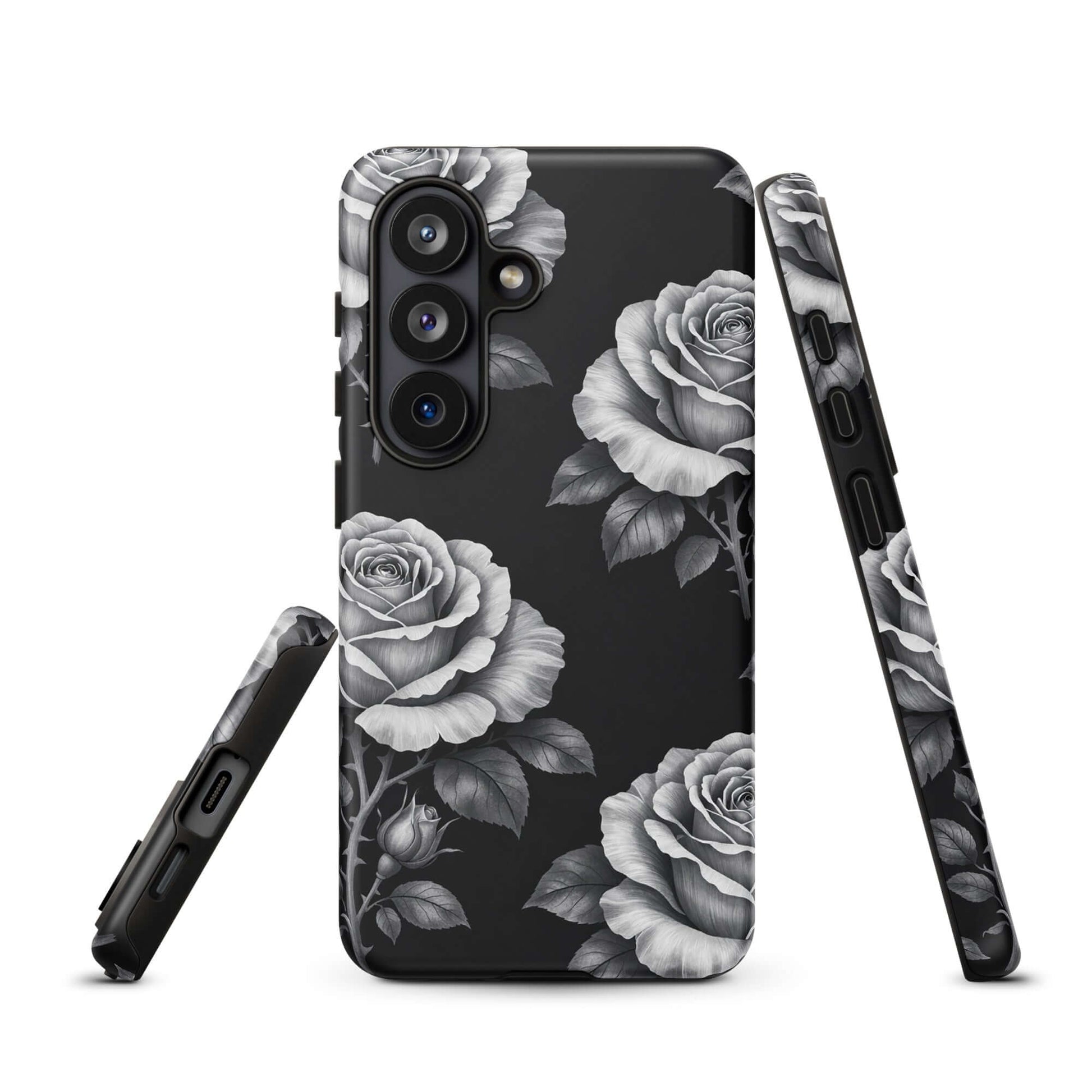 Phone Case for Samsung Galaxy with rose garden design on black background, featuring hand-sketched floral pattern.