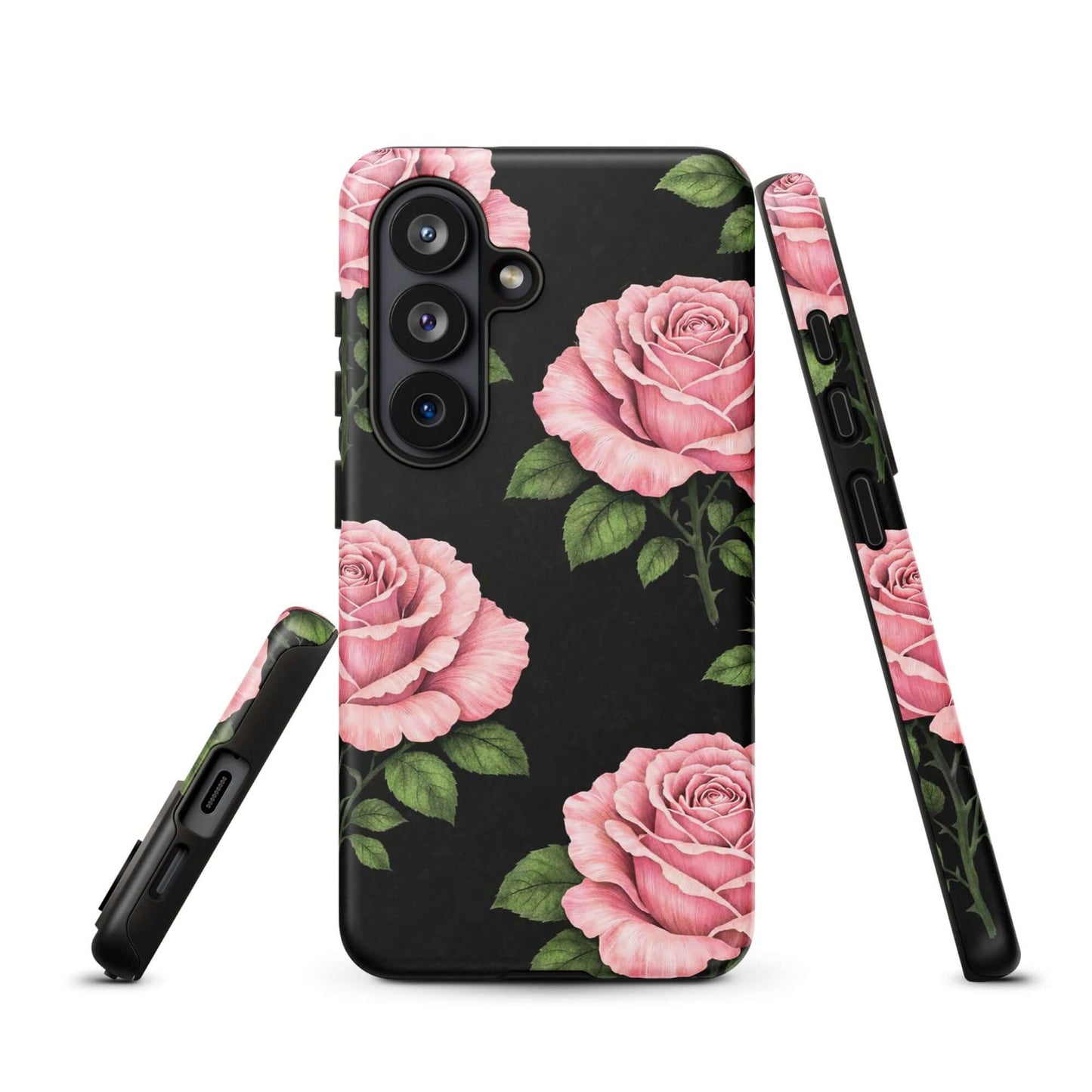 Phone Case for Samsung Galaxy featuring pink rose garden design on black background with tough protection.