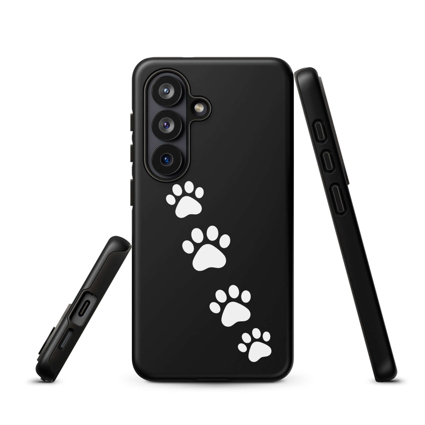 Phone case for Samsung Galaxy with white paw print trail design on black background, perfect for pet lovers.