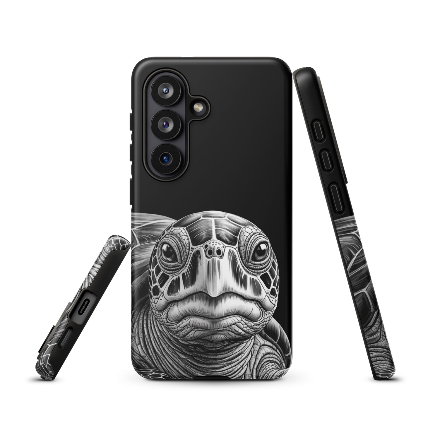 Phone Case for Samsung Galaxy featuring black-and-white sketch of ancient sea turtle, captures turtle's soulful gaze and intricate shell.