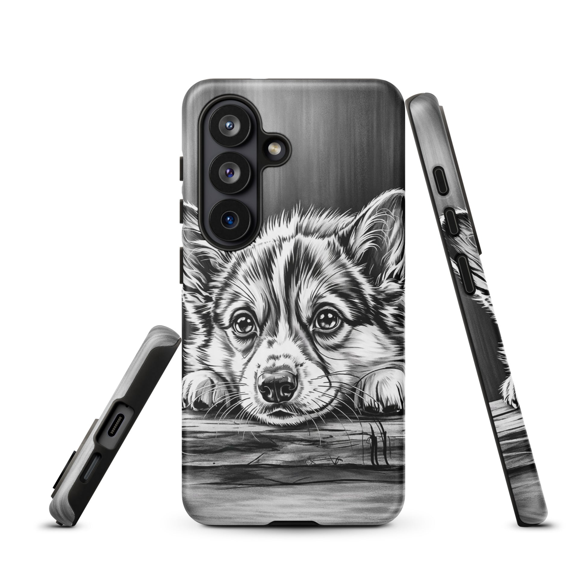 Elegant Phone Case for Samsung Galaxy featuring black-and-white puppy art on wood background for premium protection.