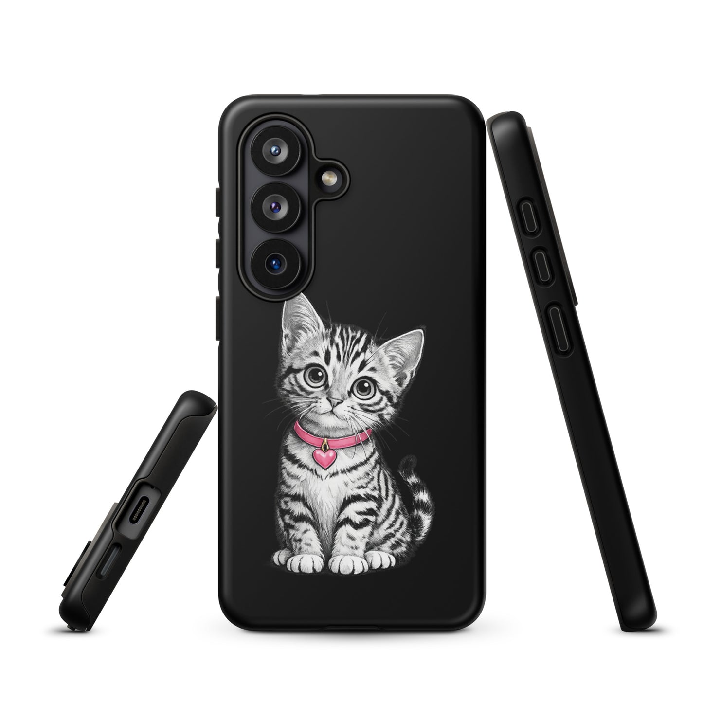 Phone Case for Samsung Galaxy with sketch kitten and pink heart charm
