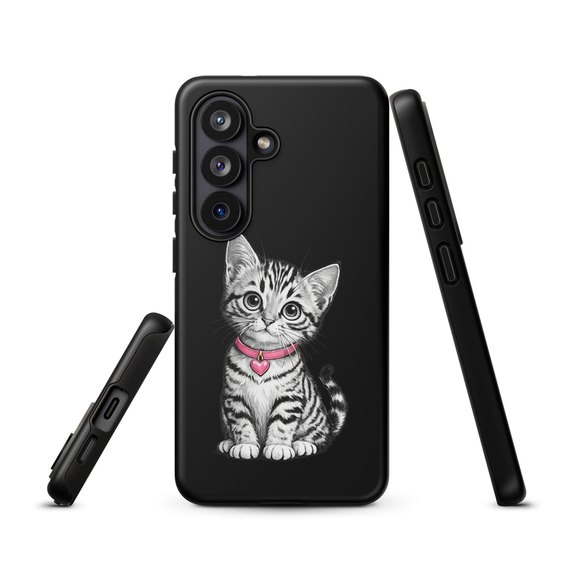 Phone Case for Samsung Galaxy with sketch kitten and pink heart charm