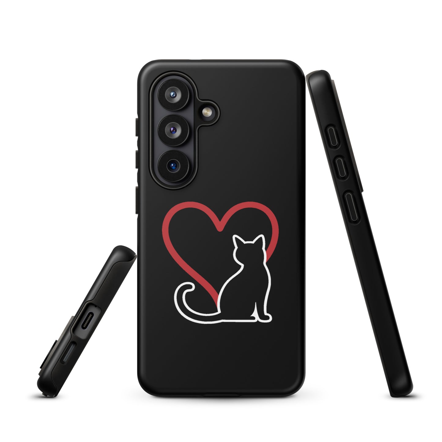 Phone Case for Samsung Galaxy with cat and heart design, elegant protection for cat lovers, minimalist white cat on black background.