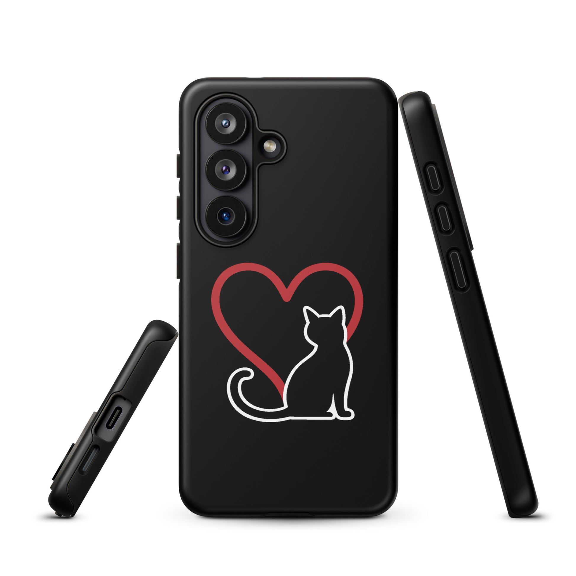 Phone Case for Samsung Galaxy with cat and heart design, elegant protection for cat lovers, minimalist white cat on black background.