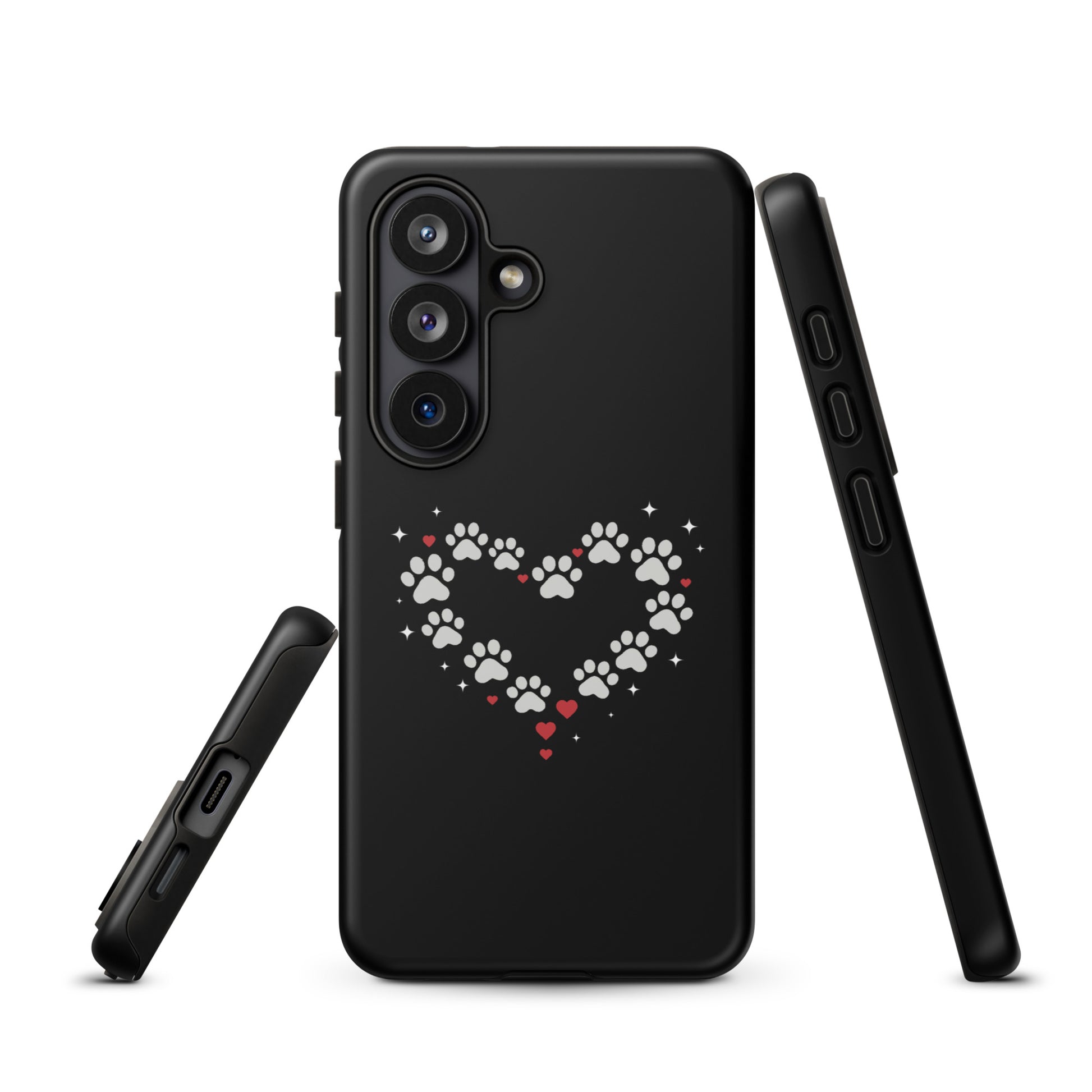 Phone Case for Samsung Galaxy with paw-print heart design on black background.