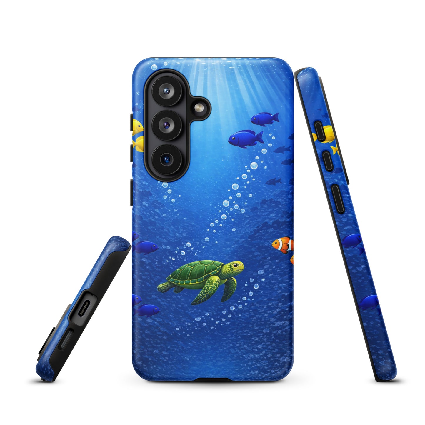 Phone Case for Samsung Galaxy with sea turtle reef design and vibrant tropical fish, offering dual-layer protection.