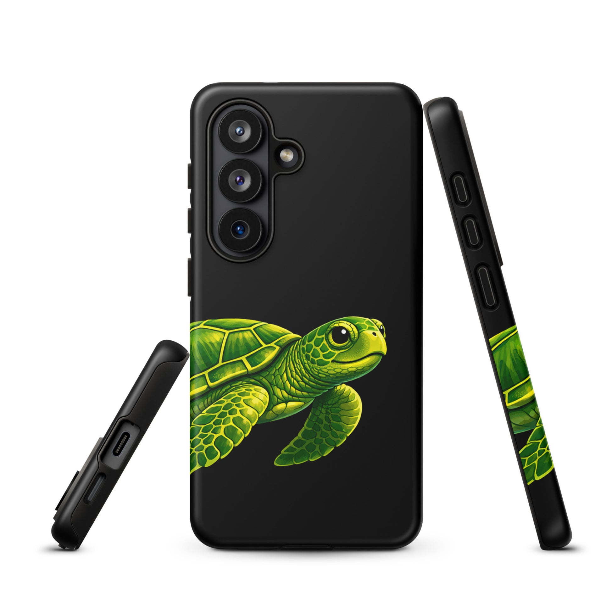 phone case for Samsung Galaxy with sea turtle design on black background, offering style and protection.