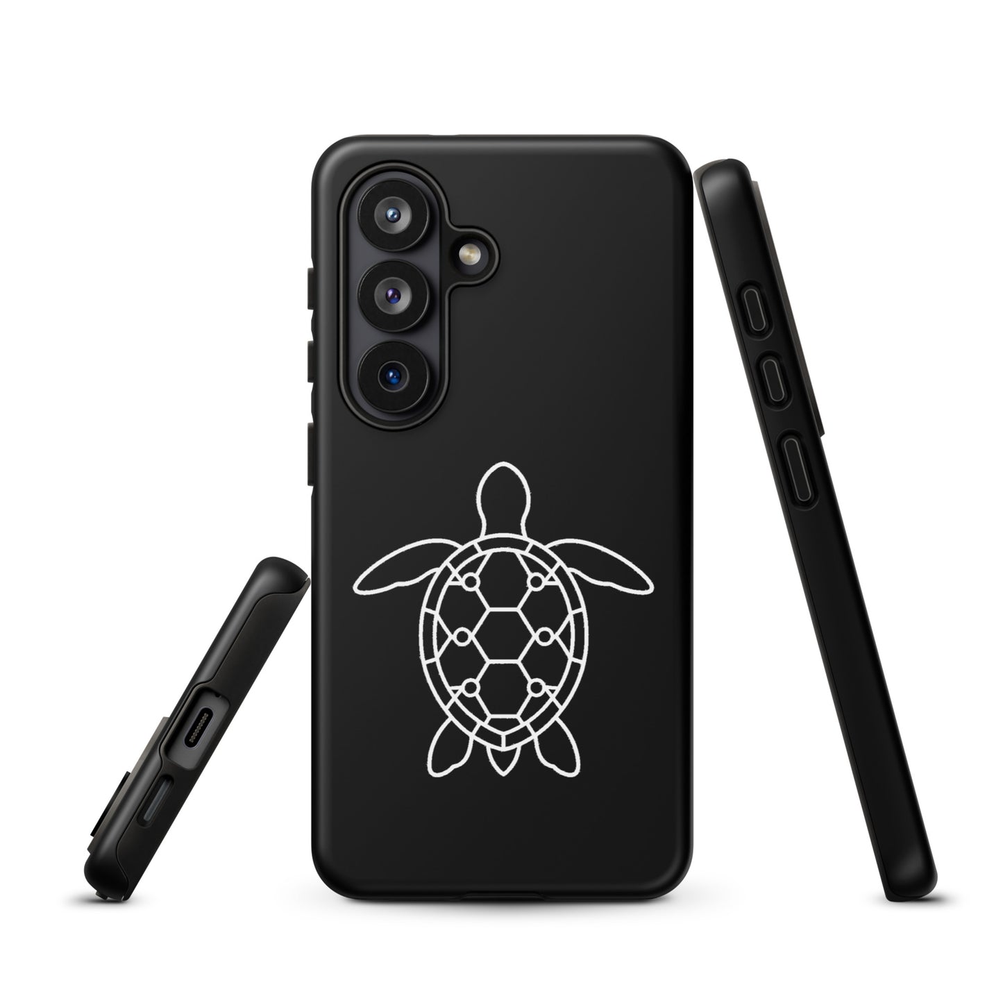 Phone case for Samsung Galaxy with minimalist sea turtle silhouette and geometric pattern, ideal for ocean and design enthusiasts.