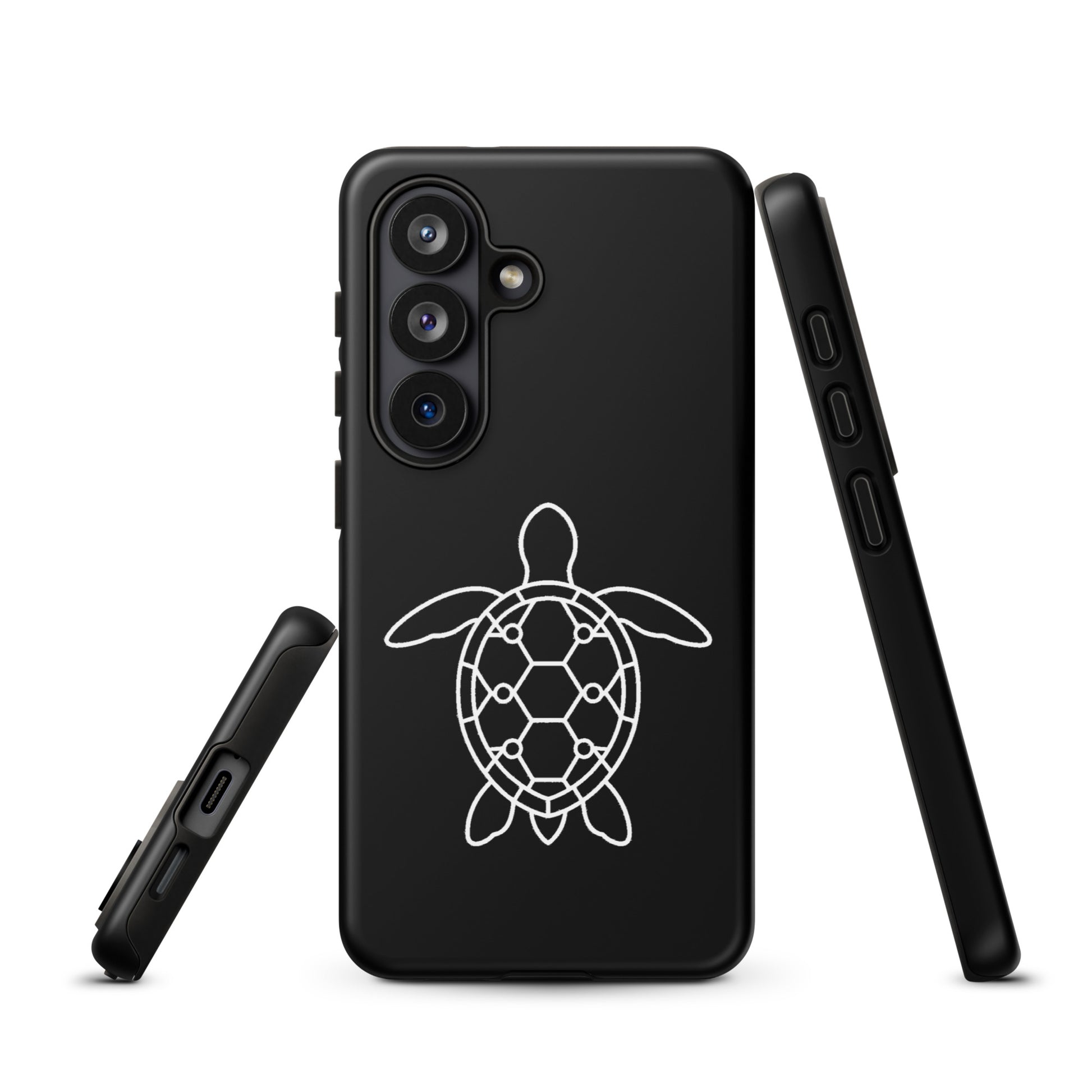 Phone case for Samsung Galaxy with minimalist sea turtle silhouette and geometric pattern, ideal for ocean and design enthusiasts.