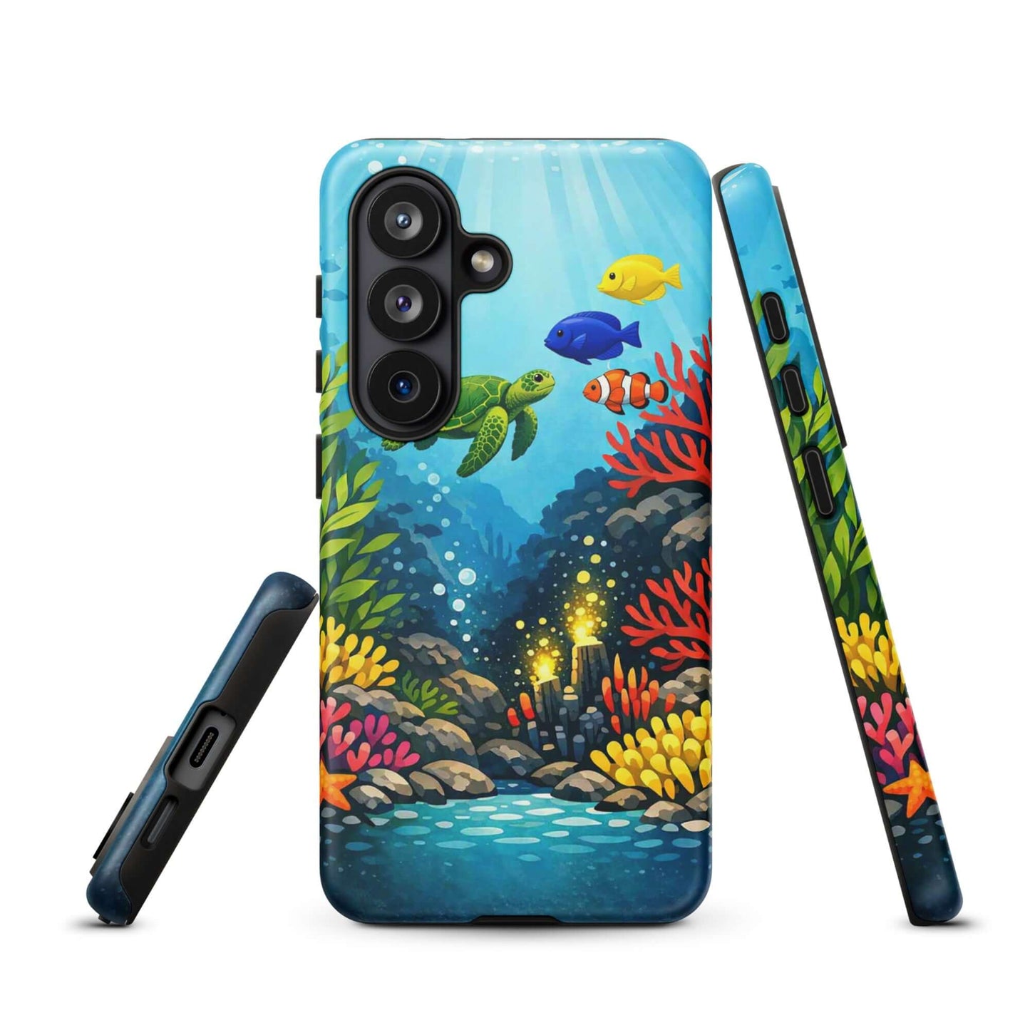 Phone case for Samsung Galaxy featuring vibrant sea turtle and coral reef design with tropical fish and bold ocean colors.