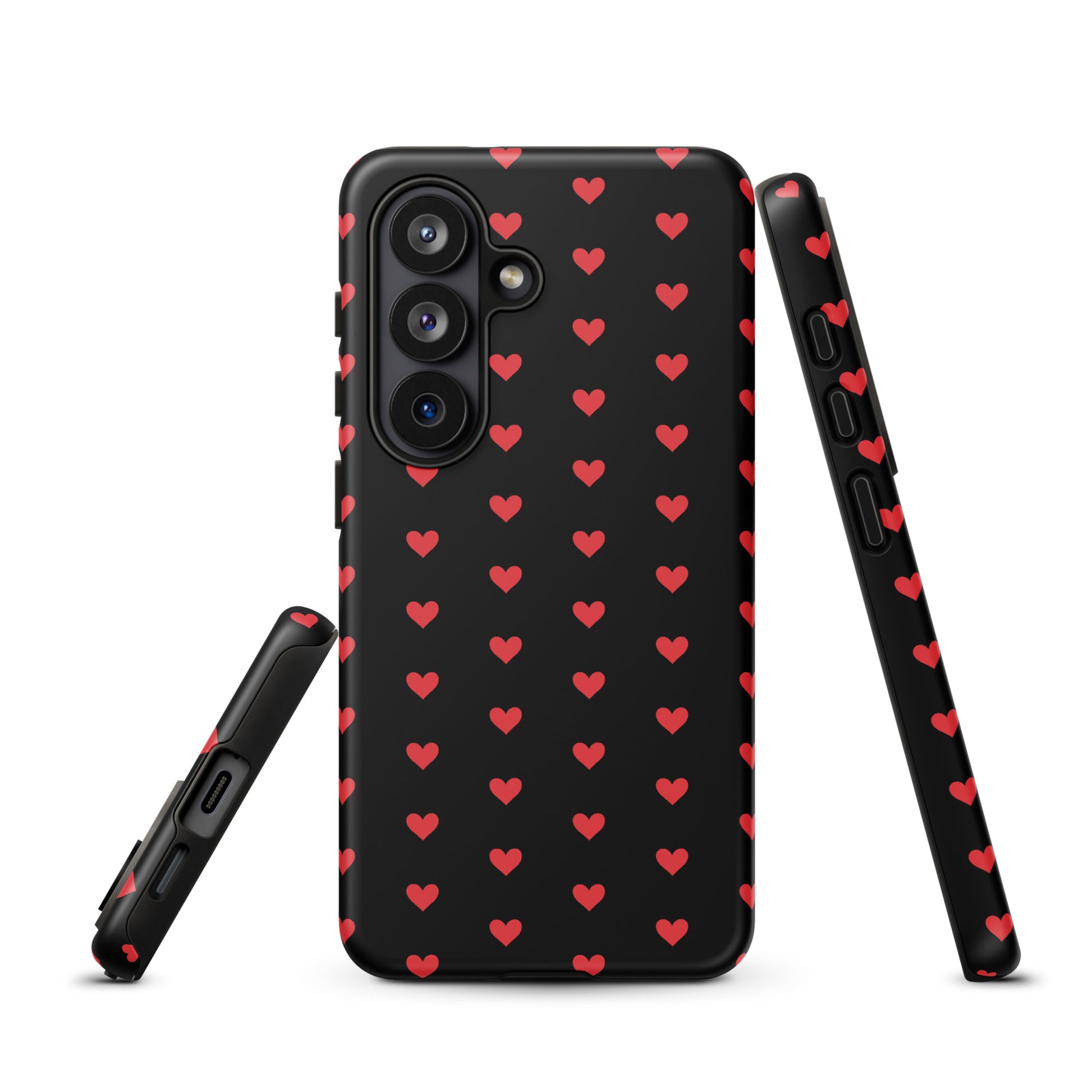 Phone Case for Samsung Galaxy with fiery red hearts pattern and durable black design, offering luxury aesthetics and protection.