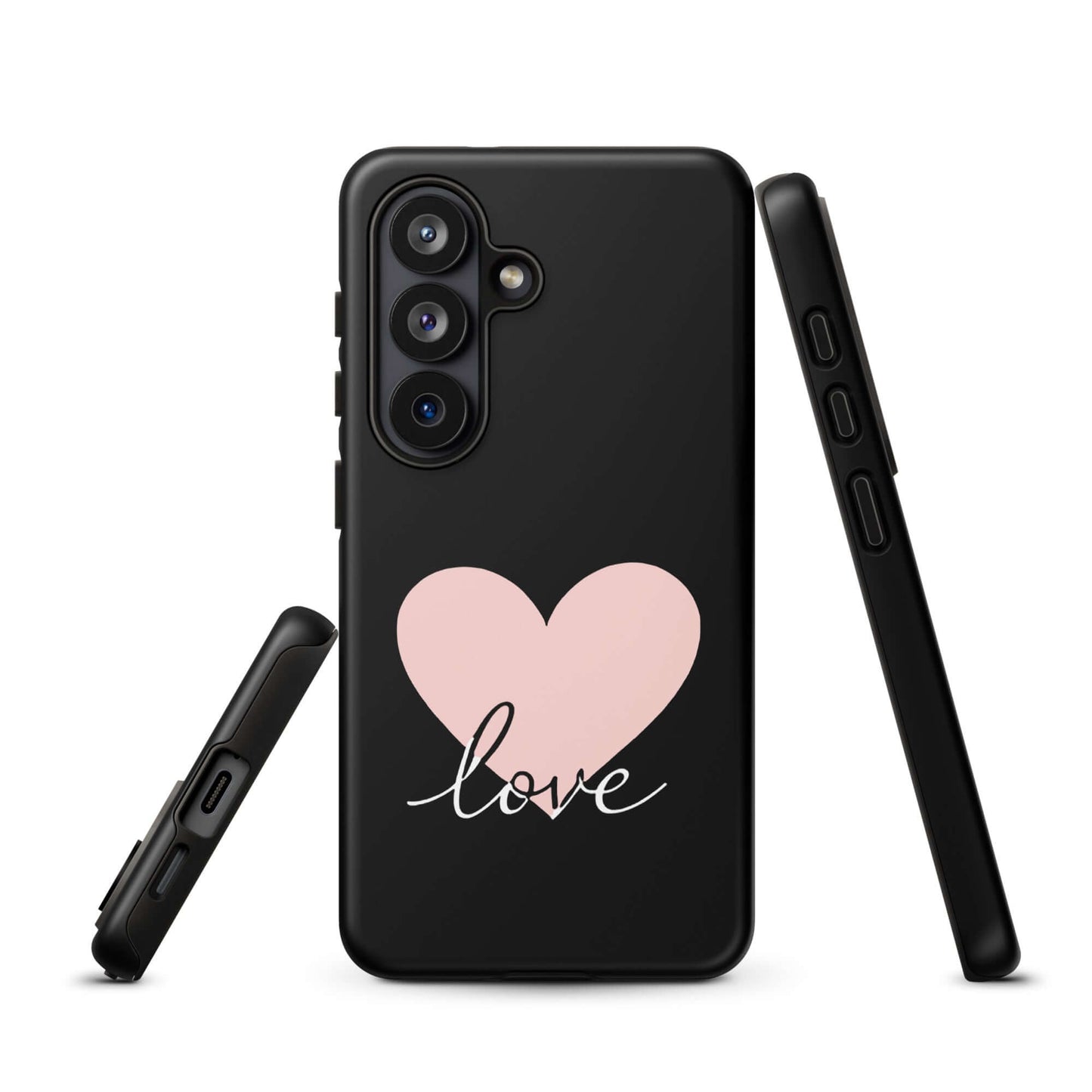 Phone Case for Samsung Galaxy with heart and 'love' script design, blending minimalist charm with protection.