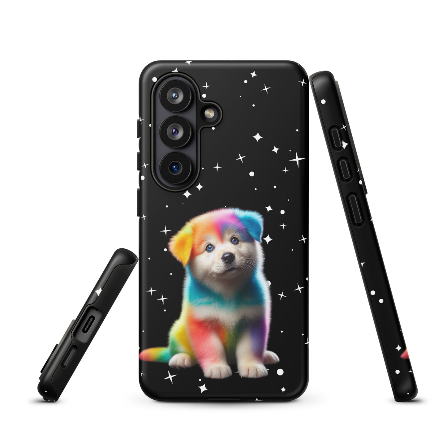 Phone Case for Samsung Galaxy with rainbow puppy and starry night design on black background, combining style and protection.