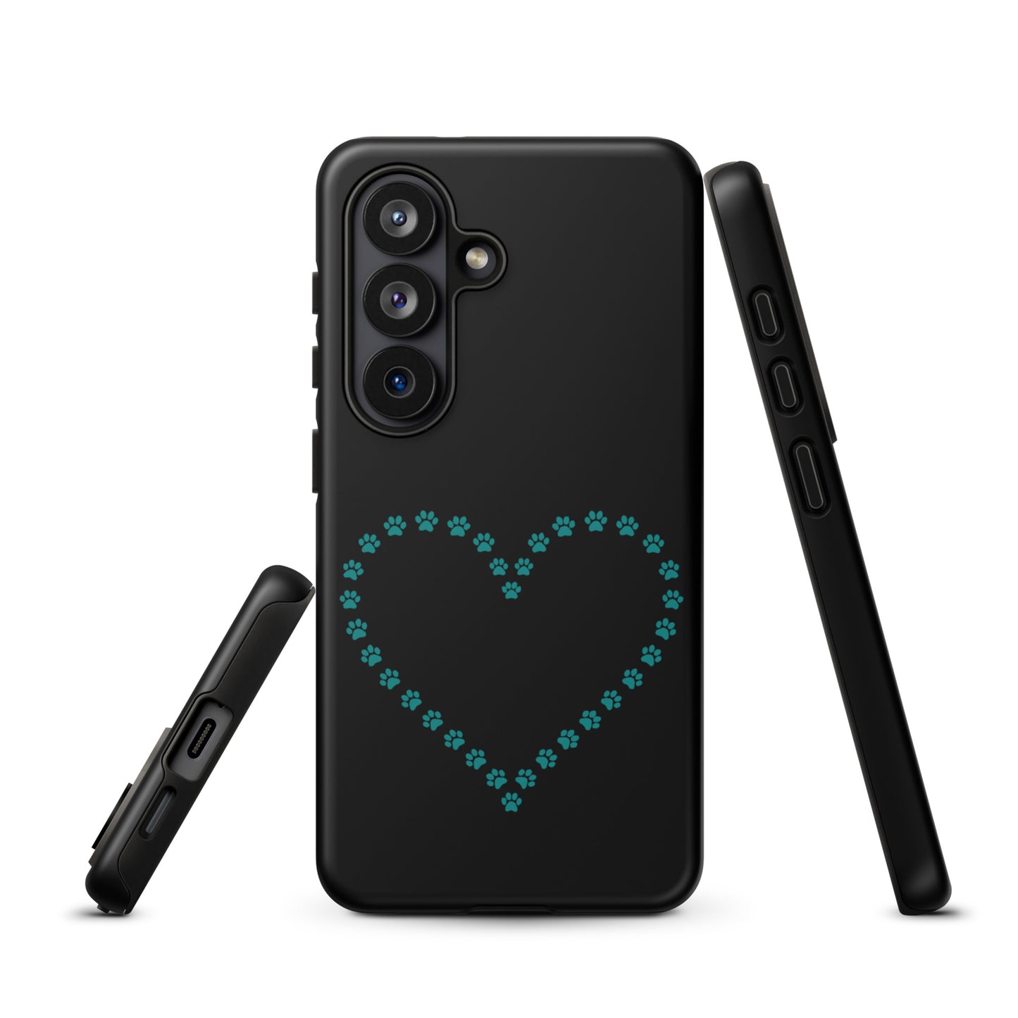 Phone Case for Samsung Galaxy with teal paw print heart design, perfect for pet lovers seeking stylish protection in black.