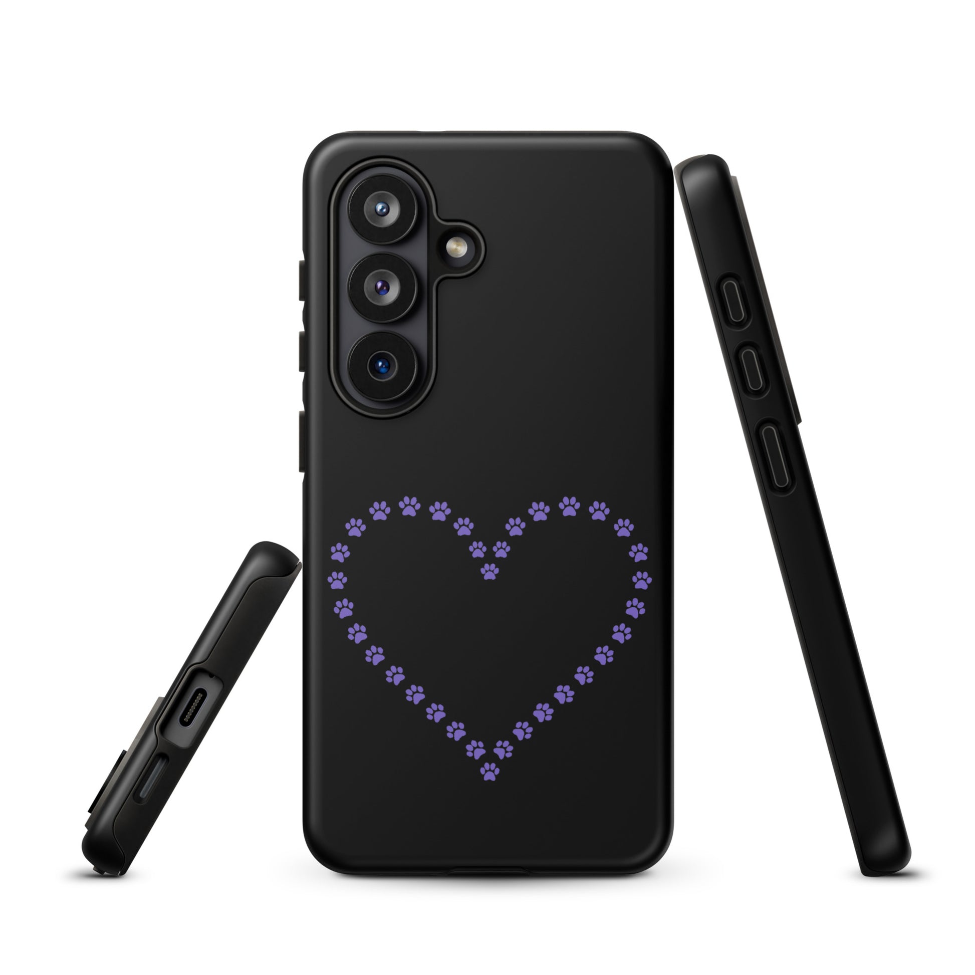 Phone Case for Samsung Galaxy with purple paw print heart design, ideal for pet lovers seeking durability and style.