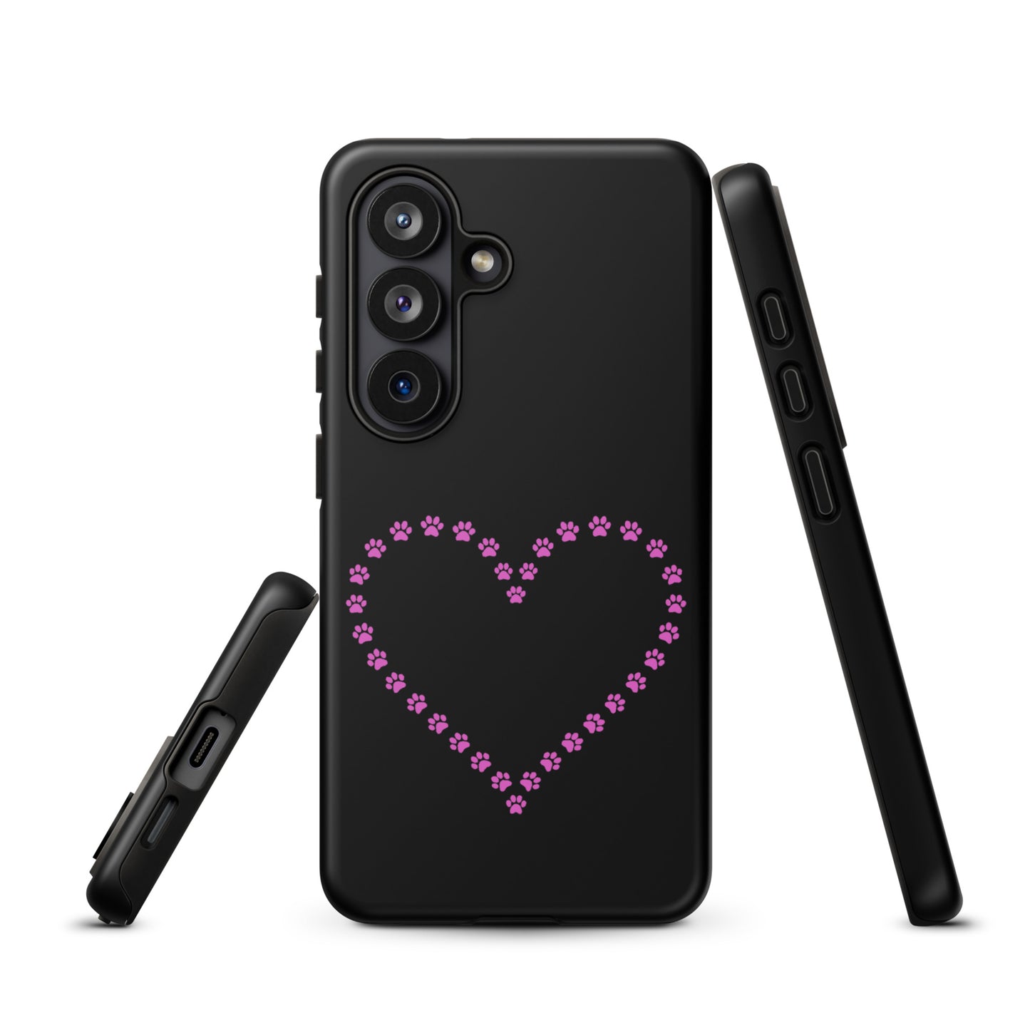 Phone Case for Samsung Galaxy with pink paw print heart design, ideal for pet lovers; black and pink case shown from multiple angles.