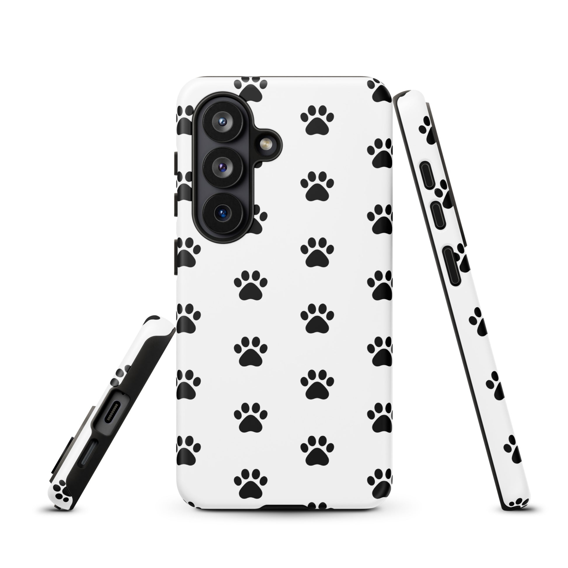 Phone Case for Samsung Galaxy with stylish paw print design for pet lovers featuring minimalist black paw icons on white background.