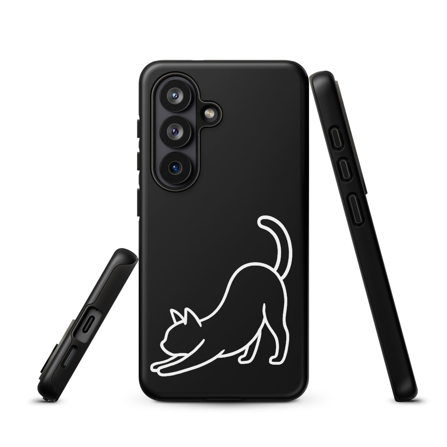 Phone Case for Samsung Galaxy with minimalist stretching cat design, providing impact protection with feline aesthetics.