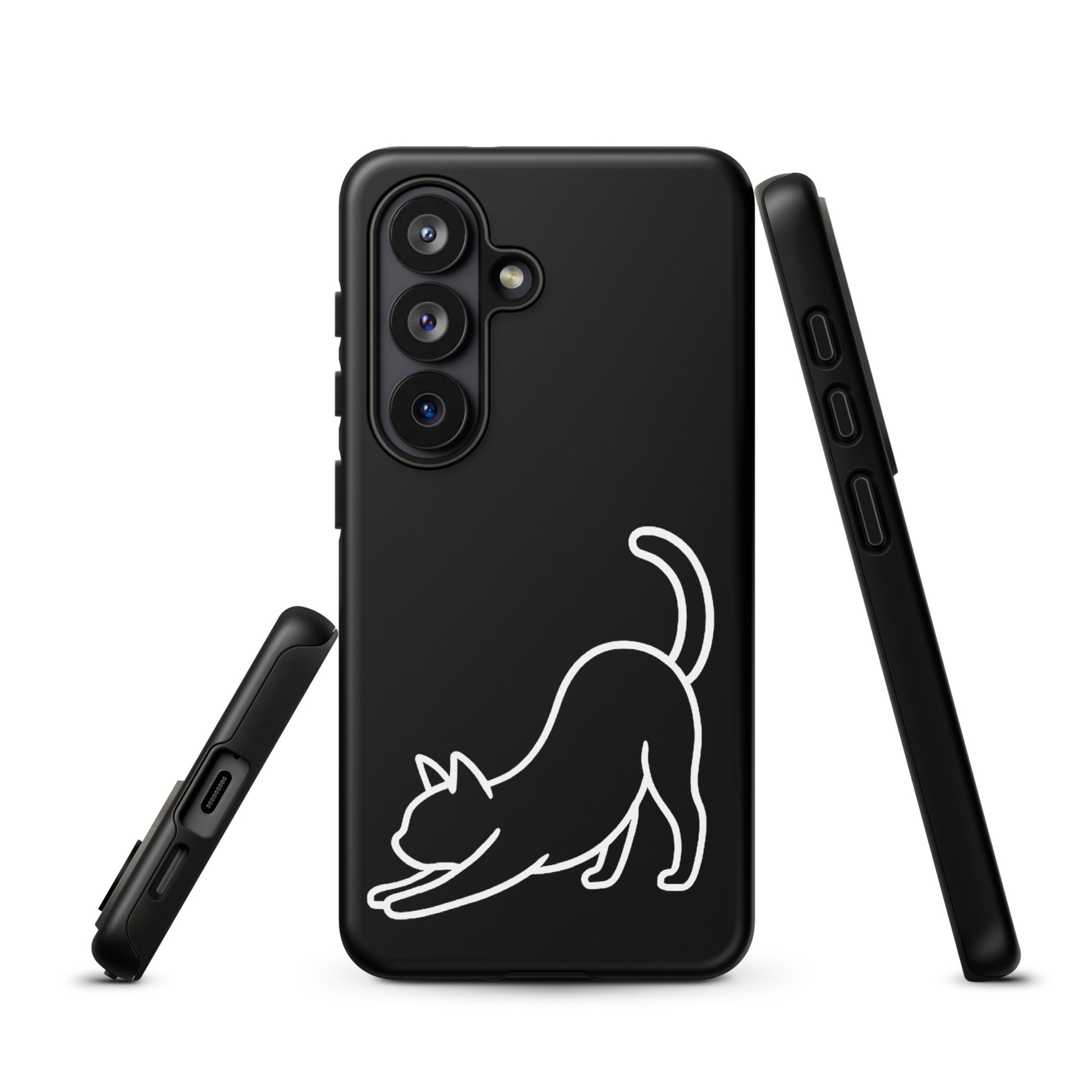 Phone Case for Samsung Galaxy with minimalist stretching cat design, providing impact protection with feline aesthetics.
