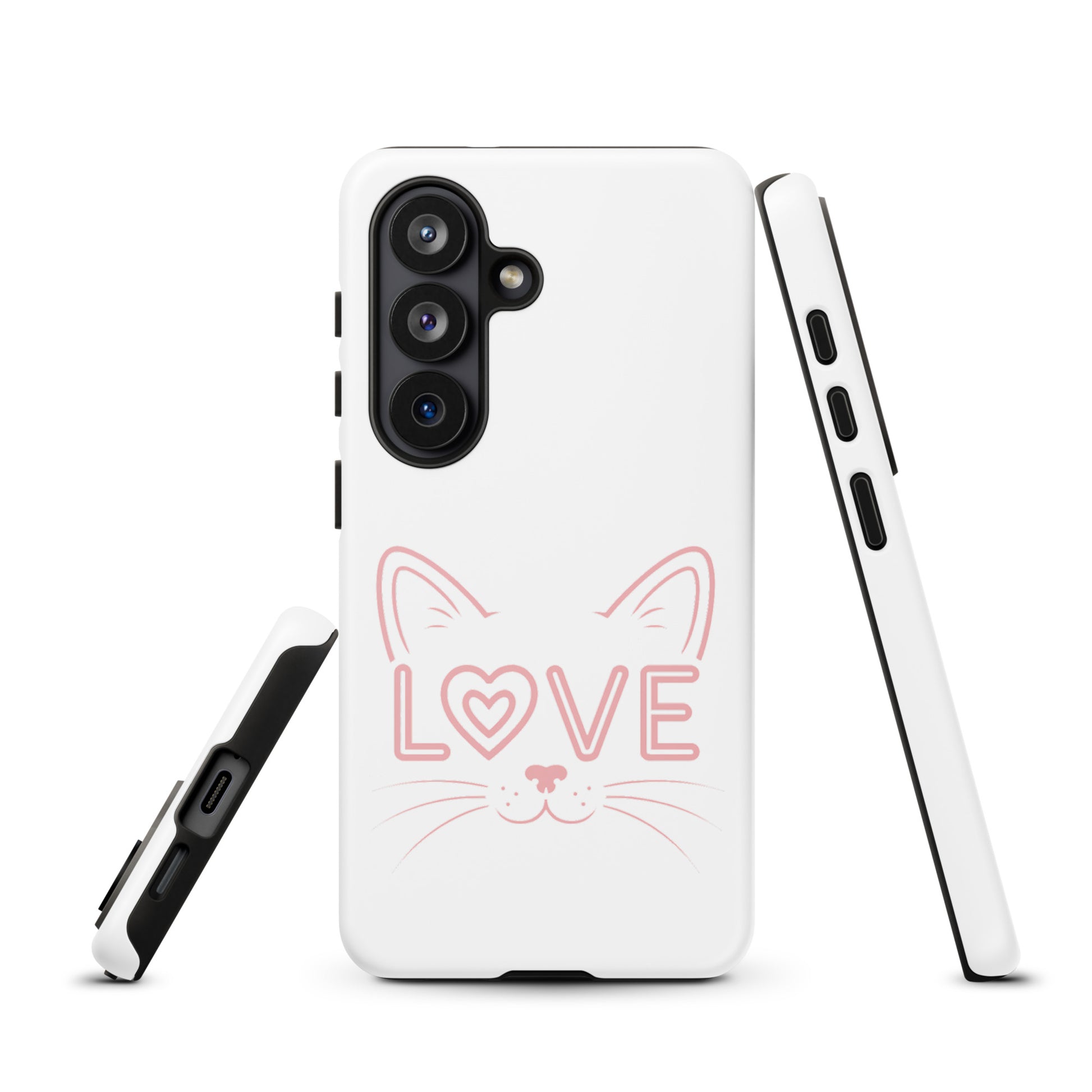 Cat Love phone case for Samsung Galaxy featuring minimalist cat face and 'love' text in stylish design on white.