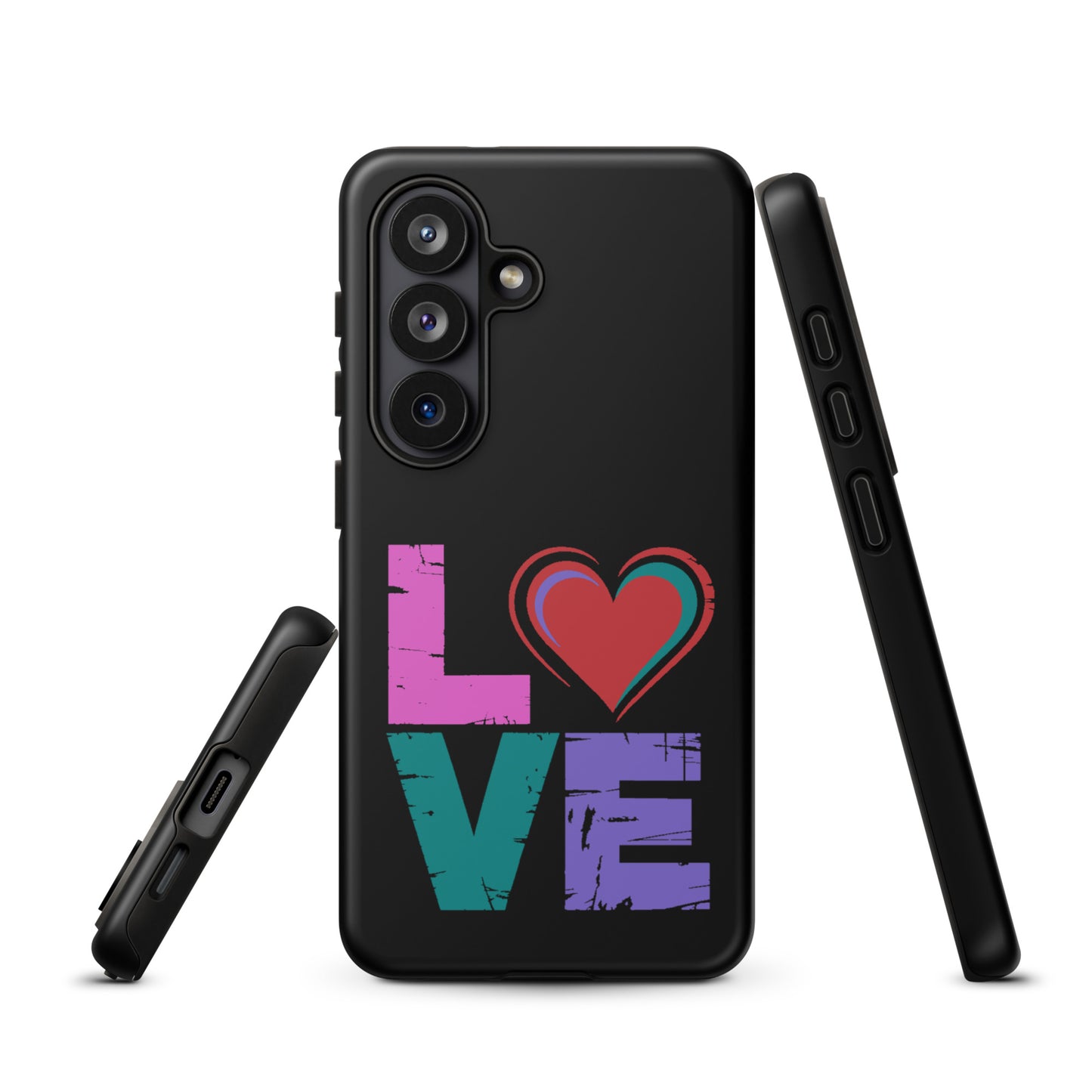 Phone Case: Love Dual Layer Tough Case for Samsung Galaxy, featuring colorful love design with heart replacing letter on black case.